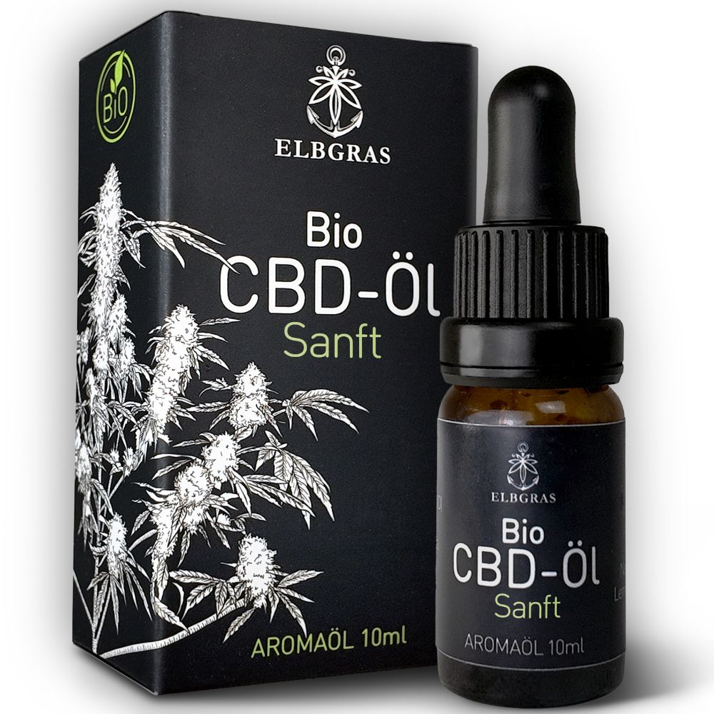 Braune Glasflasche mit schwarzem Deckel und Etikett. Schwarze Verpackung mit Logo und Schriftzug. Bio CBD-Öl.