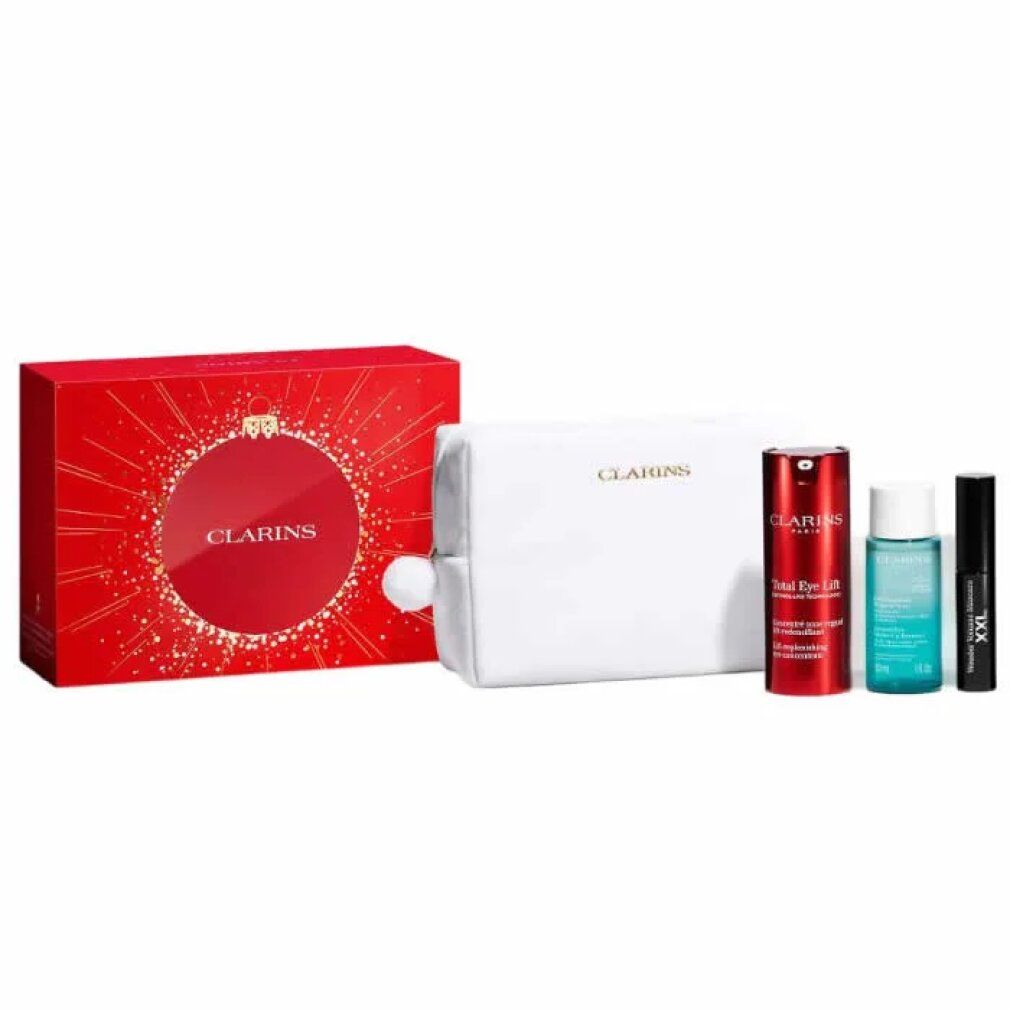 Rote Geschenkbox mit Clarins-Logo, Kosmetiktasche, zwei Flaschen und einem schwarzen Behälter.
