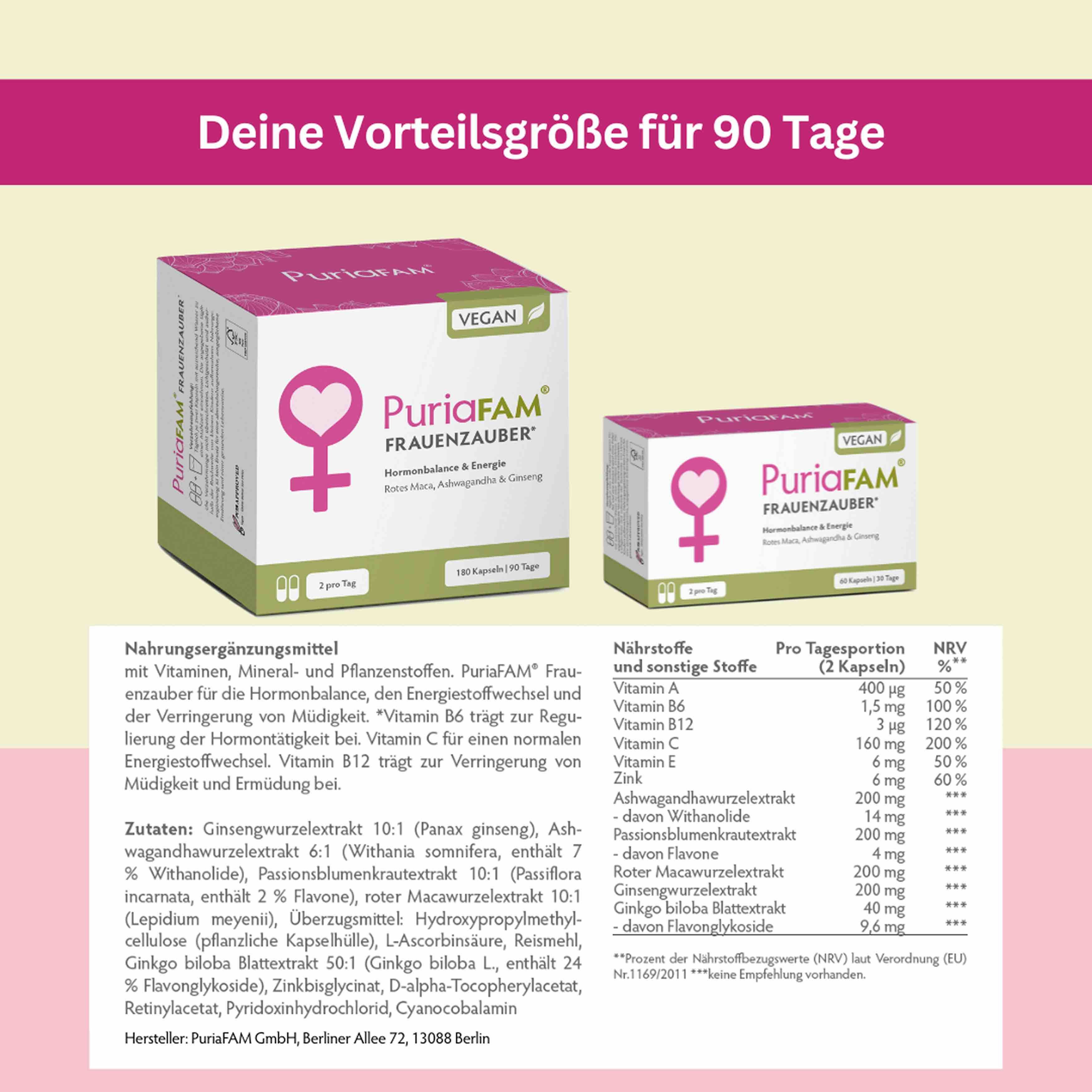 Produktverpackung und Blisterpackungen mit Kapseln. Aufschrift: PuriaFAM Frauenzauber. 180 Kapseln, 90 Tage. Vegan-Logo.