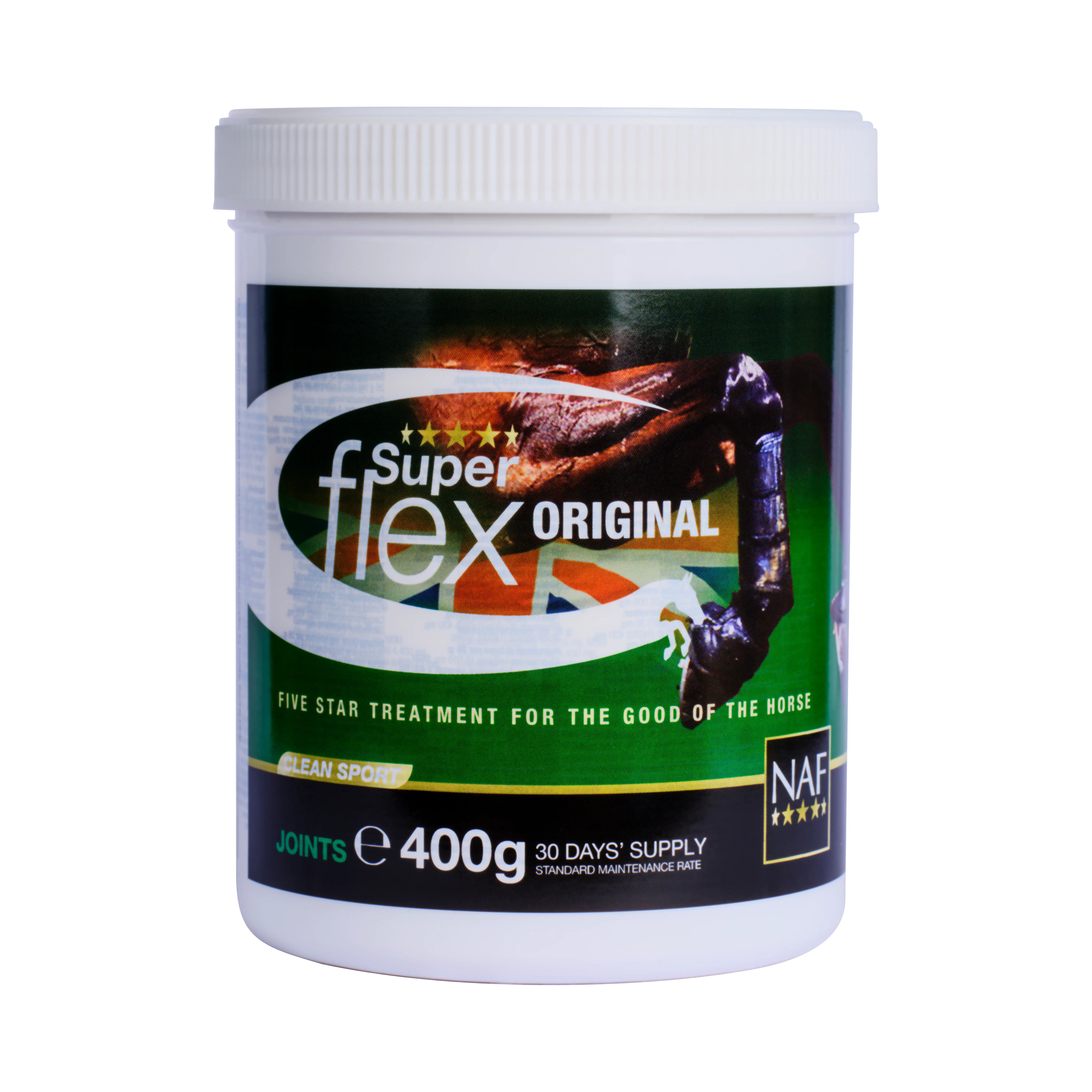 Weiße Dose mit Aufschrift Superflex Original. Enthält 400g. Marke NAF. Für Gelenke. 30 Tage Vorrat.
