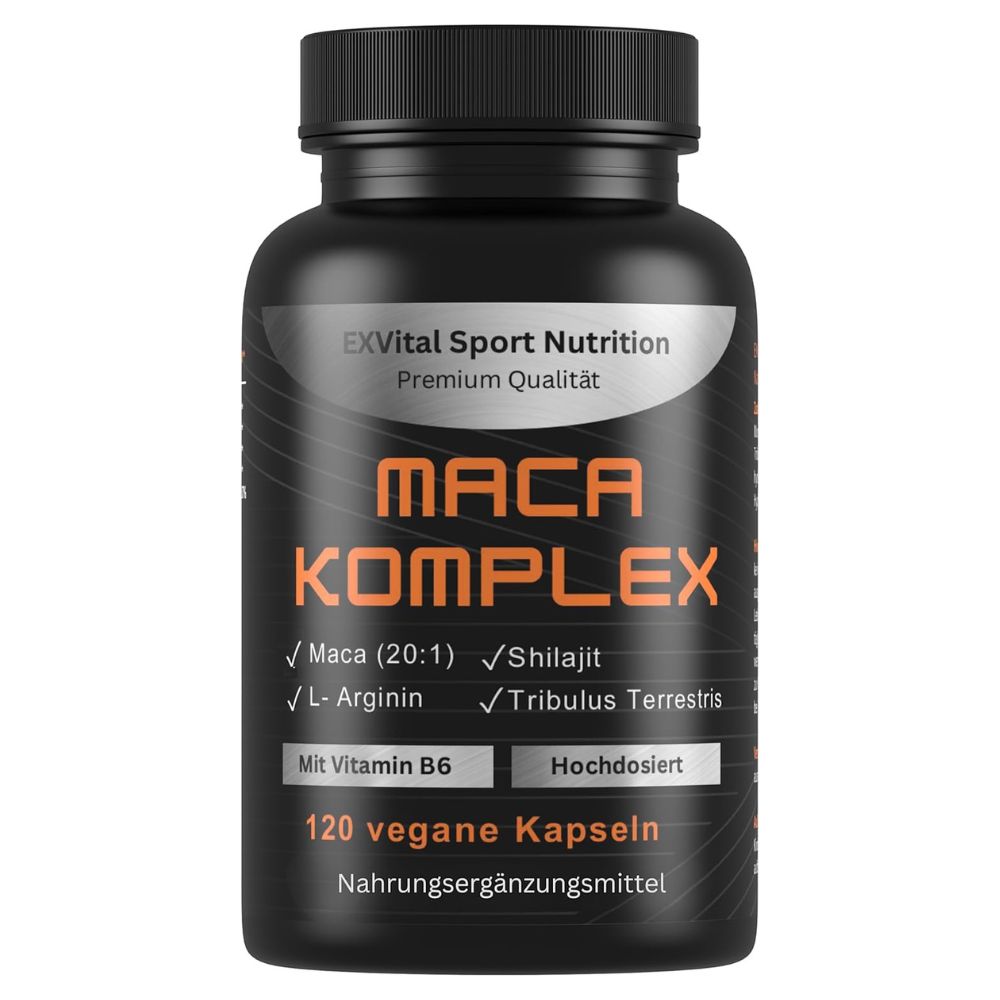 Schwarze Flasche mit Kapseln. Aufschrift: Maca Komplex, Inhaltsstoffe, 120 vegane Kapseln. Marke: EXVital Sport Nutrition.