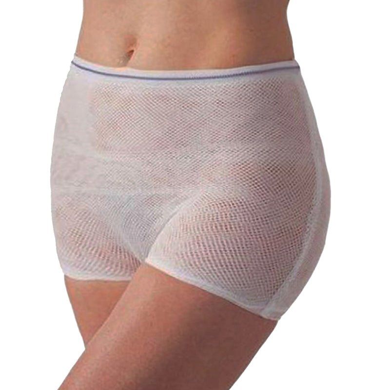 Weiße Netzhose, kurz geschnitten, mit blauem Bund. Seitenansicht.