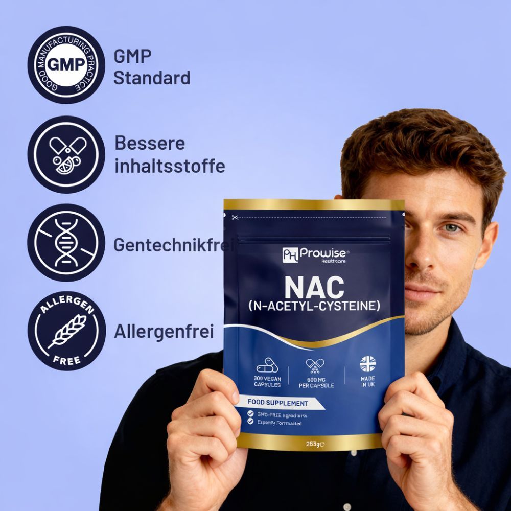 Mann hält eine Produktverpackung mit NAC (N-Acetyl-Cystein) Kapseln. 300 vegane Kapseln, 600 mg pro Kapsel. Allergenfrei.