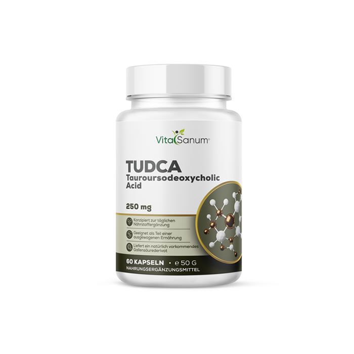 Weiße Flasche VitaSanum® TUDCA. Aufschrift: TUDCA Tauroursodeoxycholic Acid, 250 mg, 60 Kapseln, Nahrungsergänzungsmittel.