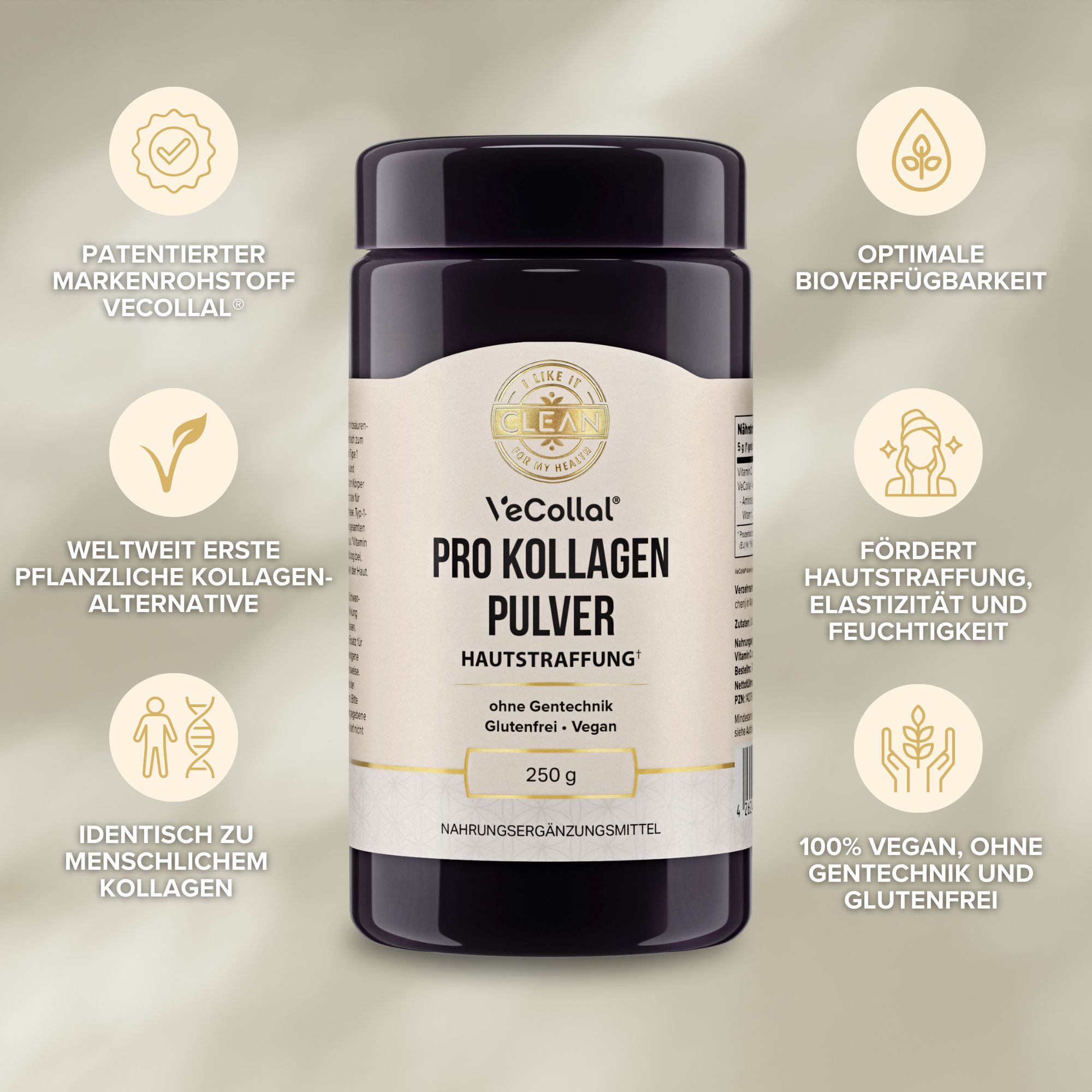 Dunkle Dose i-like-it-clean Pro Kollagen Pulver. Aufschrift: Hautstraffung, 250 g, vegan, glutenfrei. Kreisförmige Icons.