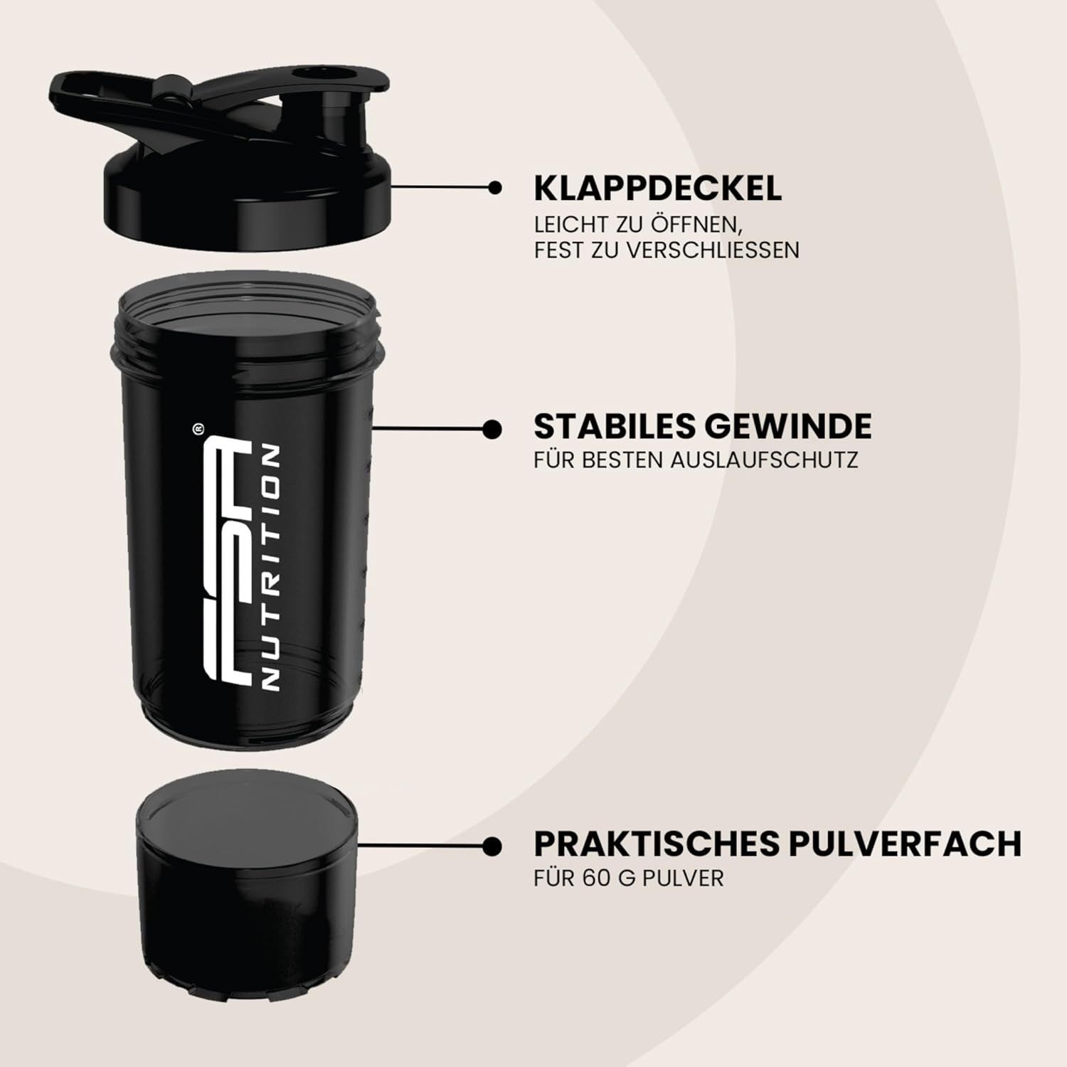 Schwarzer Shaker, zerlegt. Mit Deckel, Behälter und Pulverfach. FSA NUTRITION Logo. Beschriftung: Klappdeckel, stabiles Gewinde, Pulverfach.