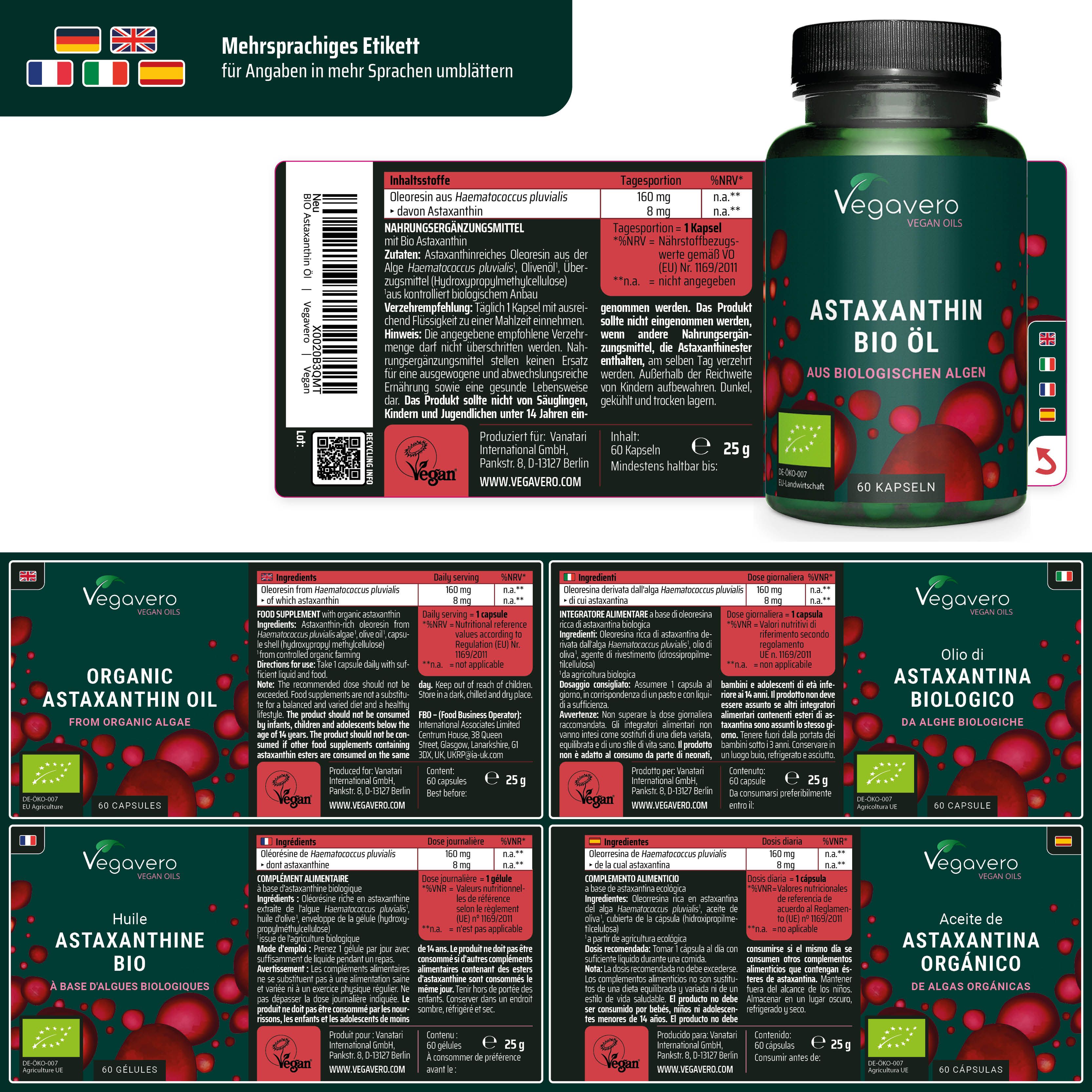 Mehrsprachiges Etikett. Produktverpackung mit Etikett. Marke: Vegavero. Text in Deutsch, Italienisch, Niederländisch, Französisch.