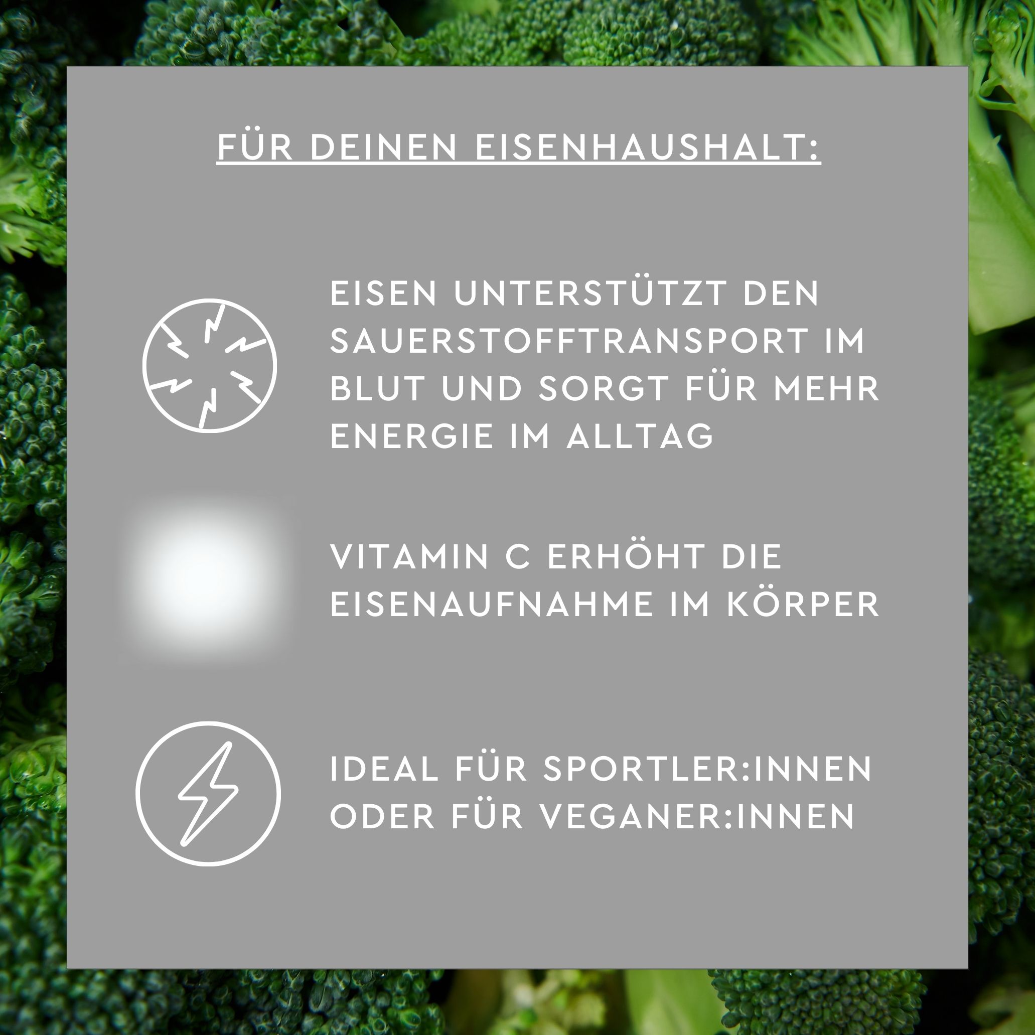 Infografik: Eisen unterstützt Sauerstofftransport im Blut und sorgt für Energie. Vitamin C erhöht Eisenaufnahme. Ideal für Sportler und Veganer.