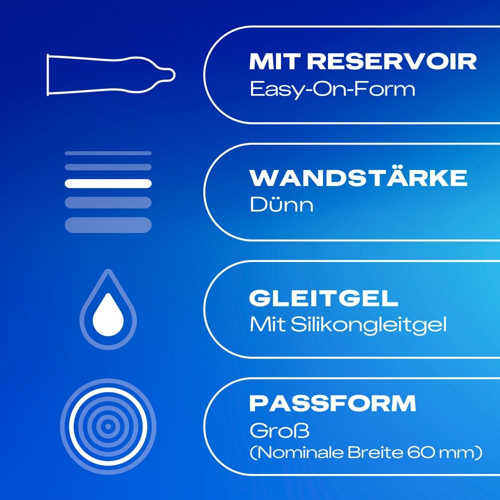 Durex Kondom: Mit Reservoir, Easy-On-Form, dünne Wandstärke, mit Silikongleitgel, Nennweite 60 mm.