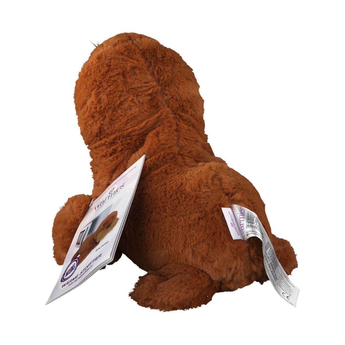 Rückansicht eines braunen Stofftier-Walrosses mit Anhänger. Marke Warmies.