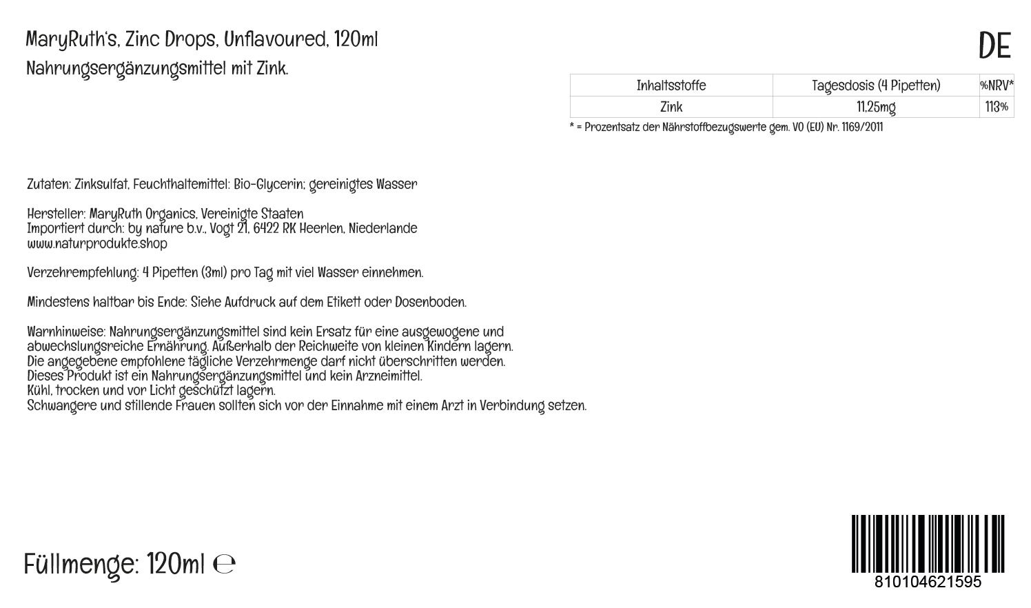 Etikett einer Flasche mit Informationen zu Inhaltsstoffen und Dosierung. Text in deutscher Sprache, mit weißem Hintergrund und schwarzer Schrift.