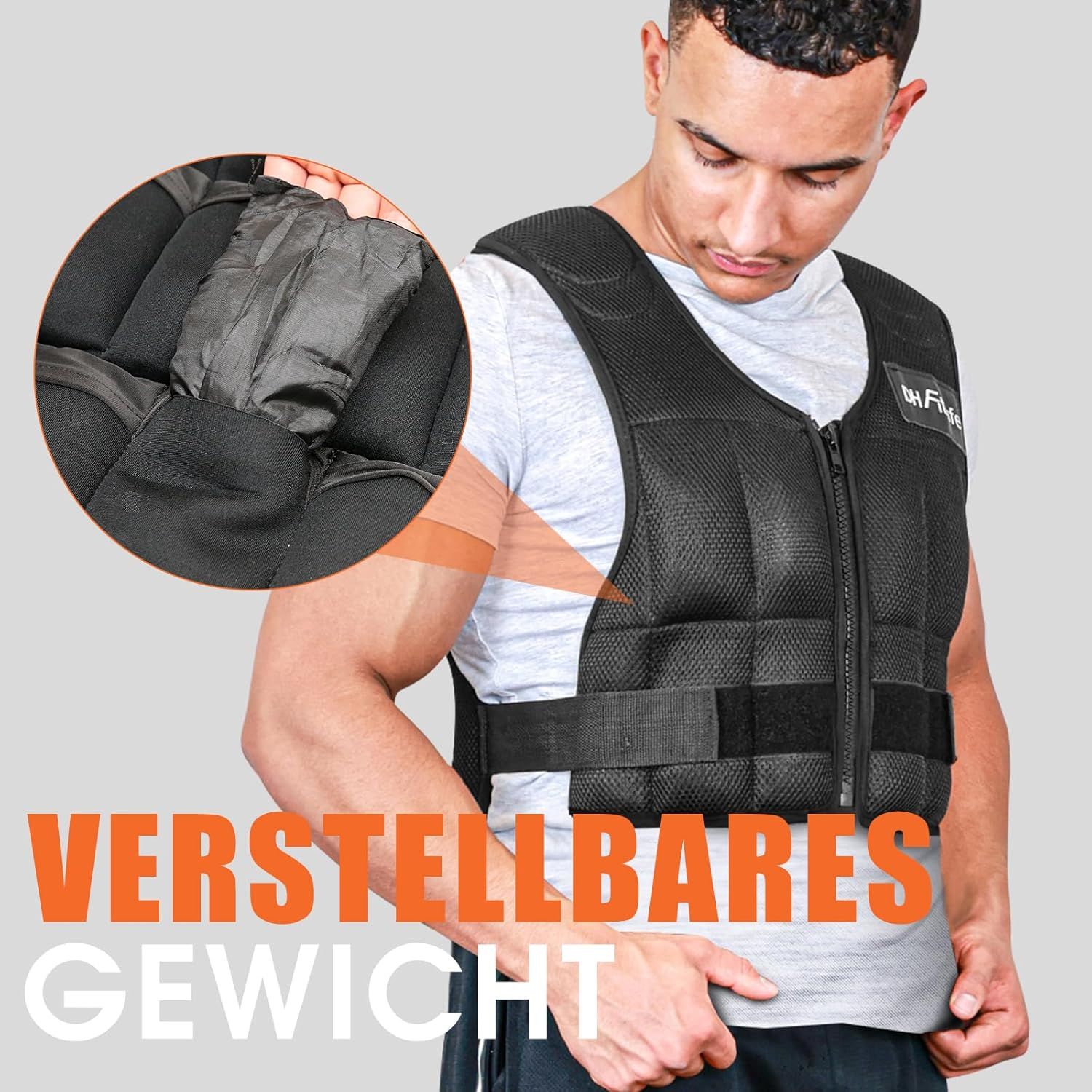 Mann mit DH FitLife Gewichtsweste. Detailansicht der Gewichtstasche. Text: VERSTELLBARES GEWICHT.