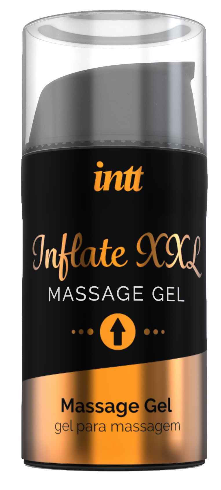 Zylinderförmige Flasche mit schwarzem Etikett. Aufschrift: INTT Inflate XXL Massage Gel. Goldfarbene Akzente.