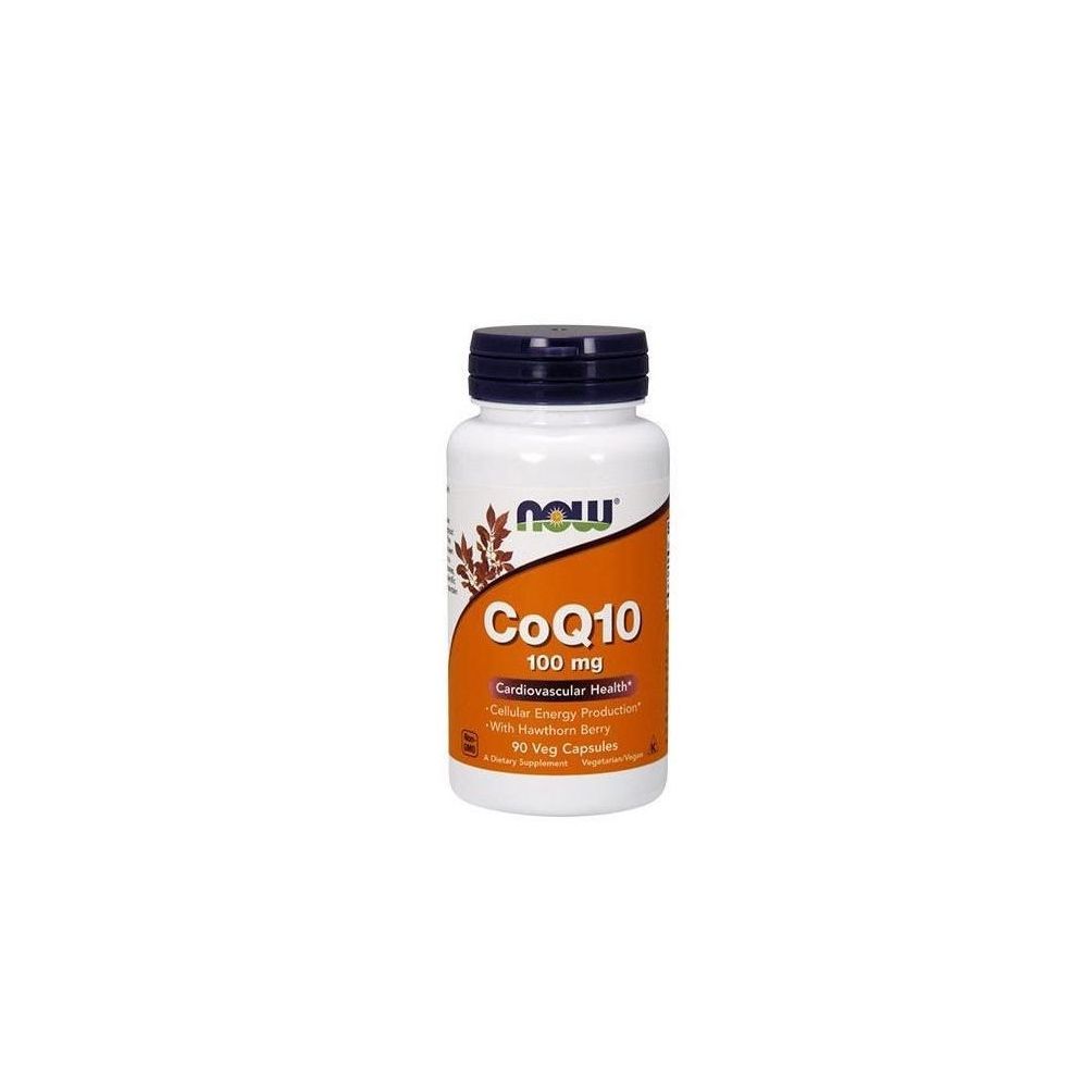Weiße Flasche mit schwarzem Deckel. Aufkleber mit orangefarbenem Hintergrund und Text: CoQ10 100 mg. Marke: now.