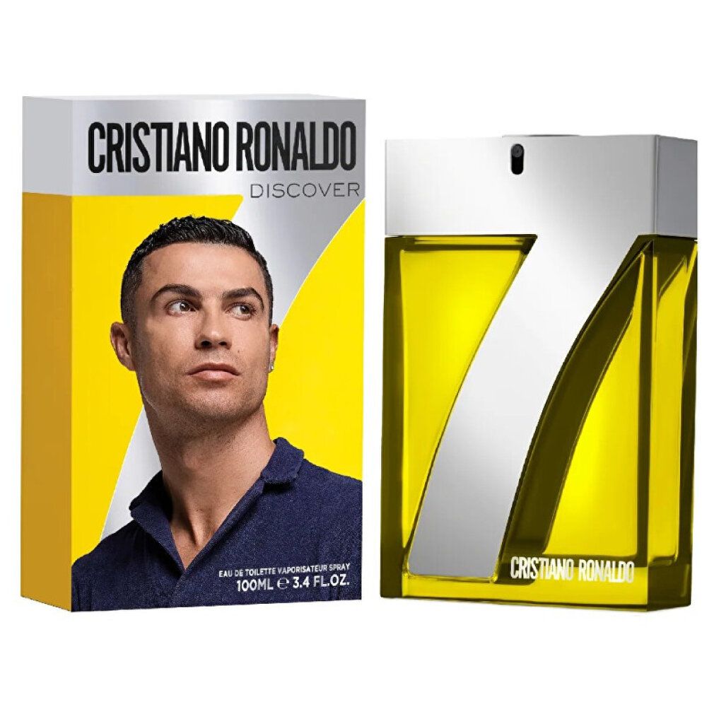 Cristiano Ronaldo Discover Eau de Toilette 100ml Kartonverpackung neben dem passenden Flakon.