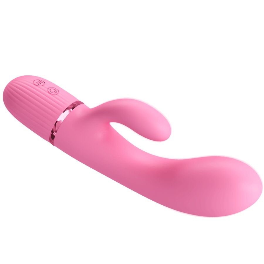 Rosa Vibrator mit gebogener Form und einem kleineren, gebogenen Teil. Mit Knöpfen und geriffelter Basis.