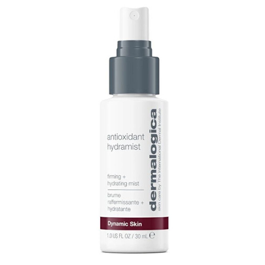 Weiße Sprühflasche mit grauem Deckel. Aufschrift: antioxidant hydramist, Dermalogica, Dynamic Skin. Roter Streifen am Boden.
