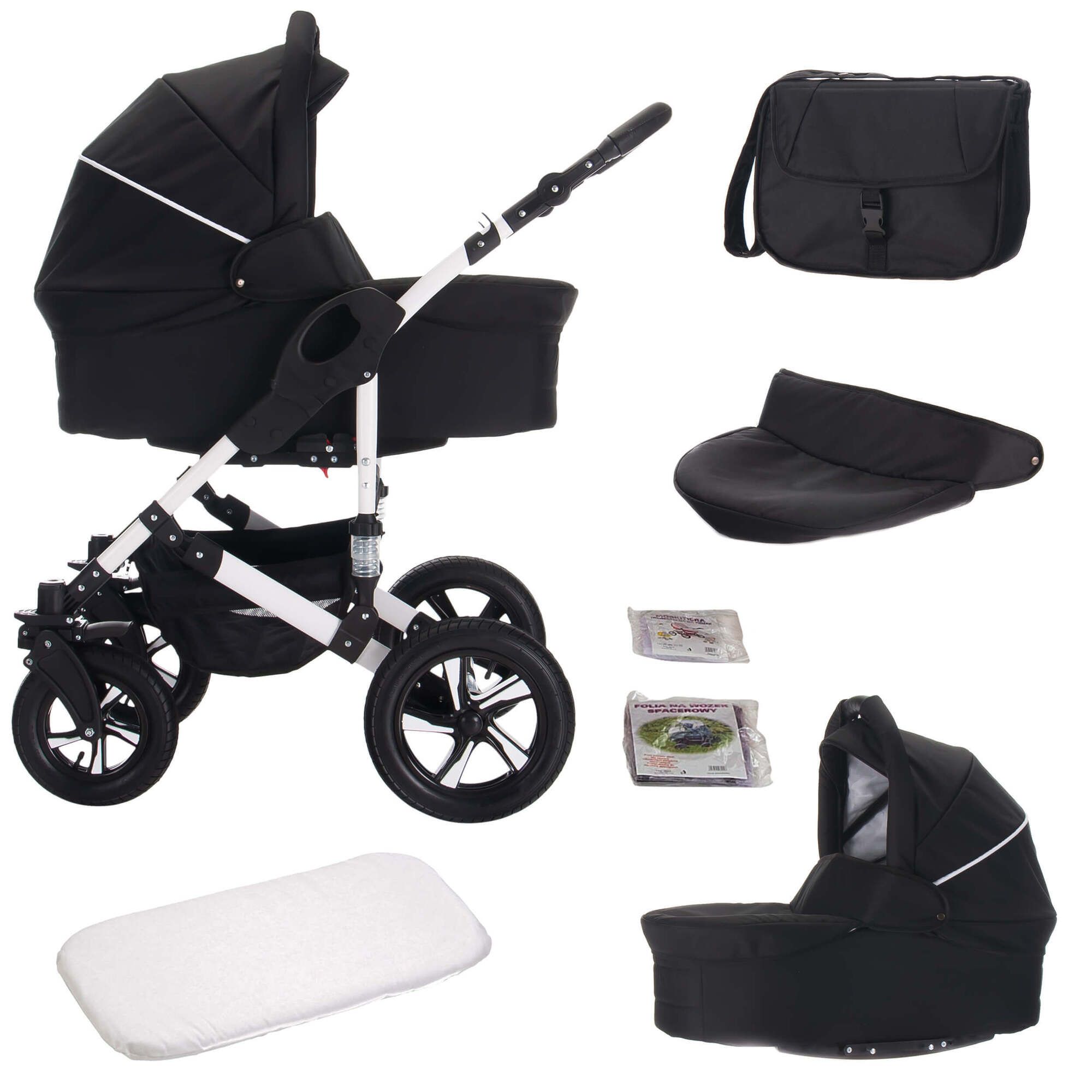 Schwarzer Kinderwagen mit Zubehör: Tasche, Sonnenblende, Matratze, Babywanne und Anleitungen.