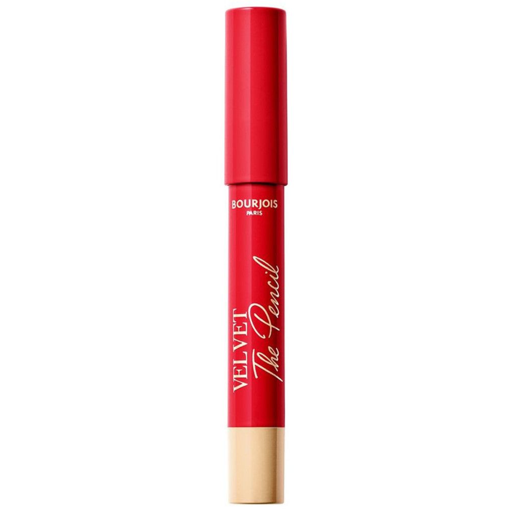Roter Lippenstiftstift mit cremefarbener Spitze und roter Kappe. Aufschrift: VELVET The Pencil, Bourjois Paris.