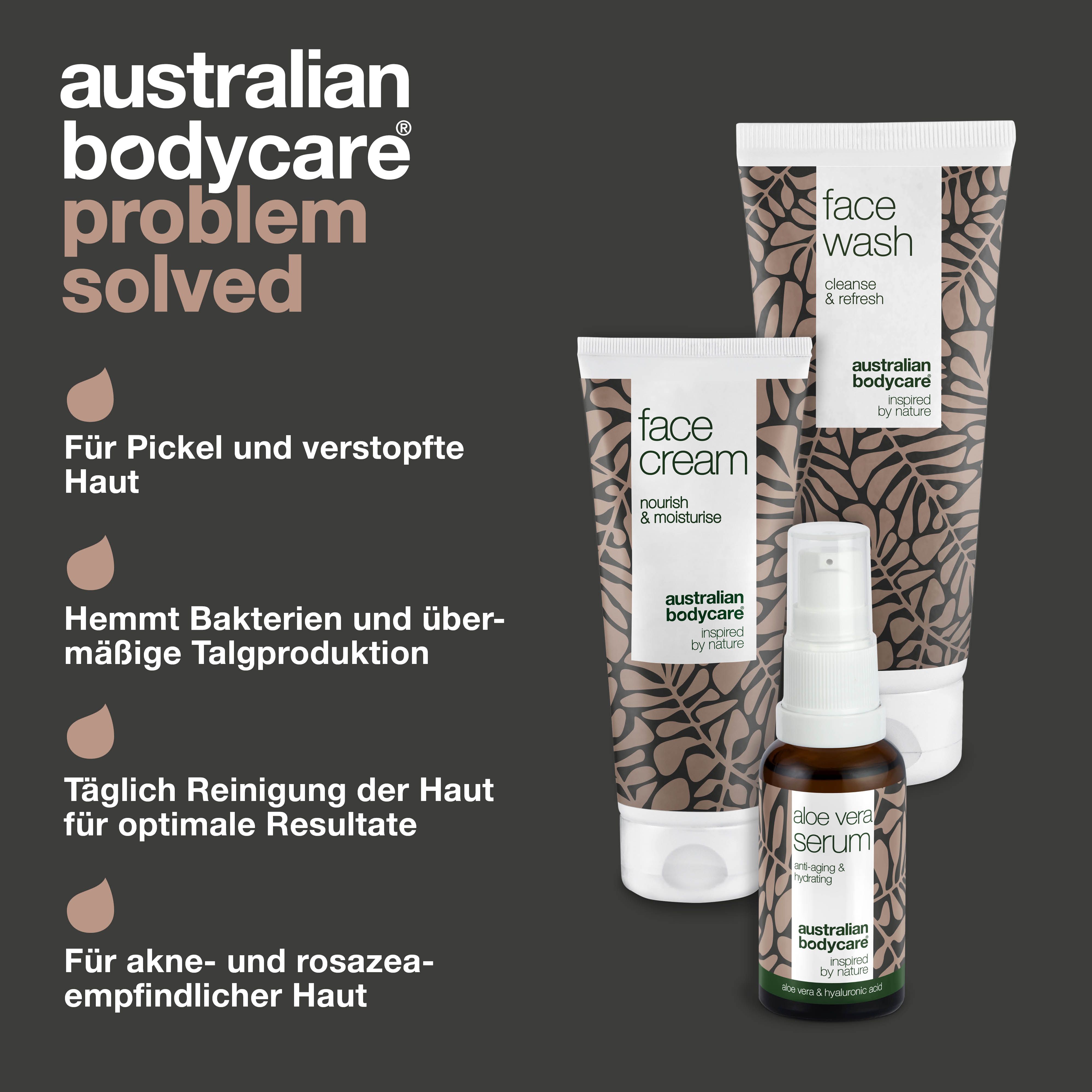 Gesichtspflege-Set. Text: Problem gelöst. Produkte: Face Wash, Face Cream, Serum. Braune Tropfen.