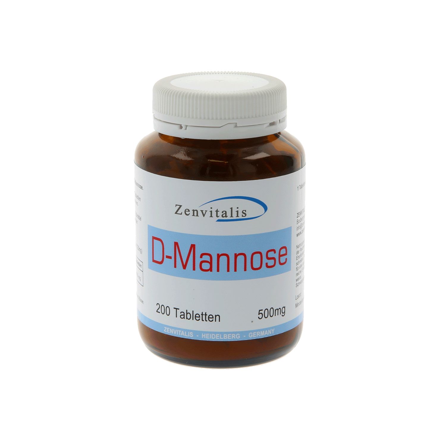 Braune Flasche mit weißem Deckel. Etikett mit "D-Mannose", "200 Tabletten" und "500mg". Marke: Zenvitalis.