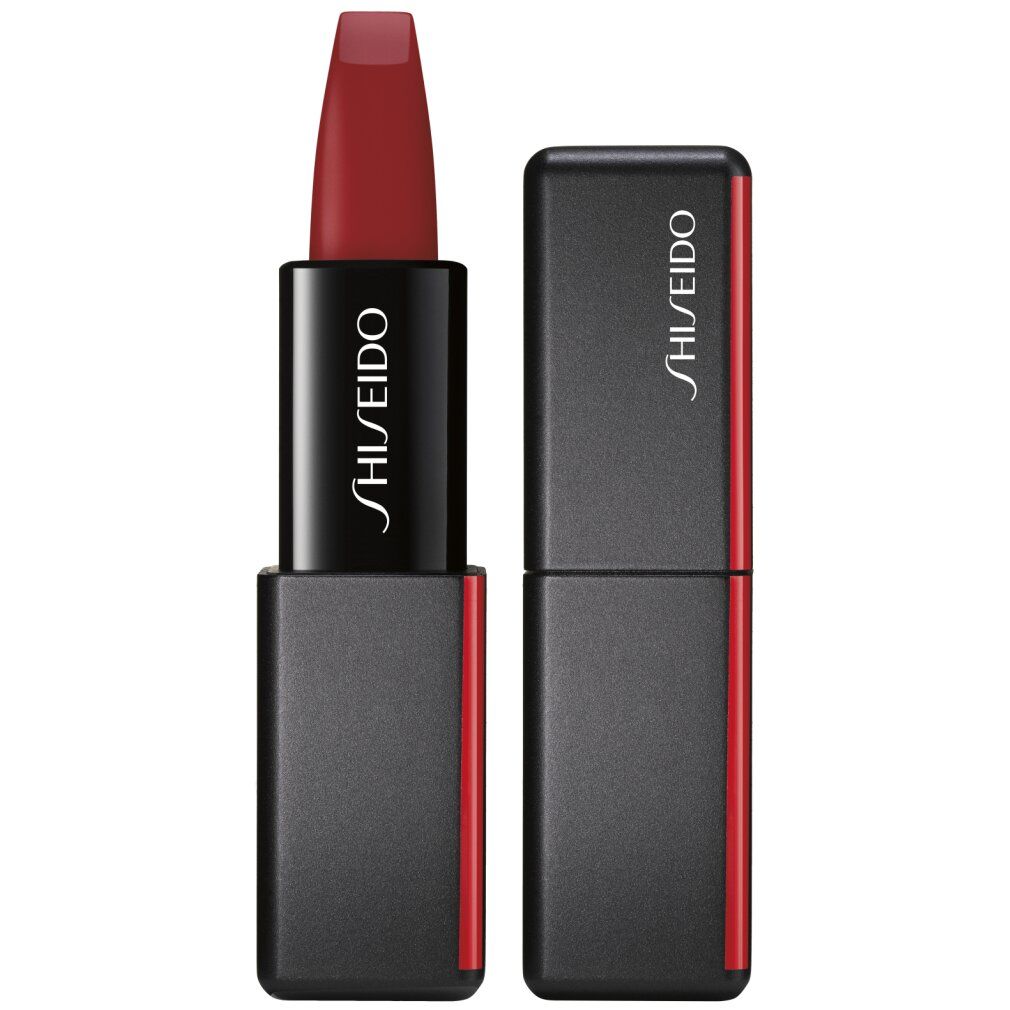 Lippenstift mit roter Mine und schwarzem Gehäuse mit rotem Streifen. Marke Shiseido.
