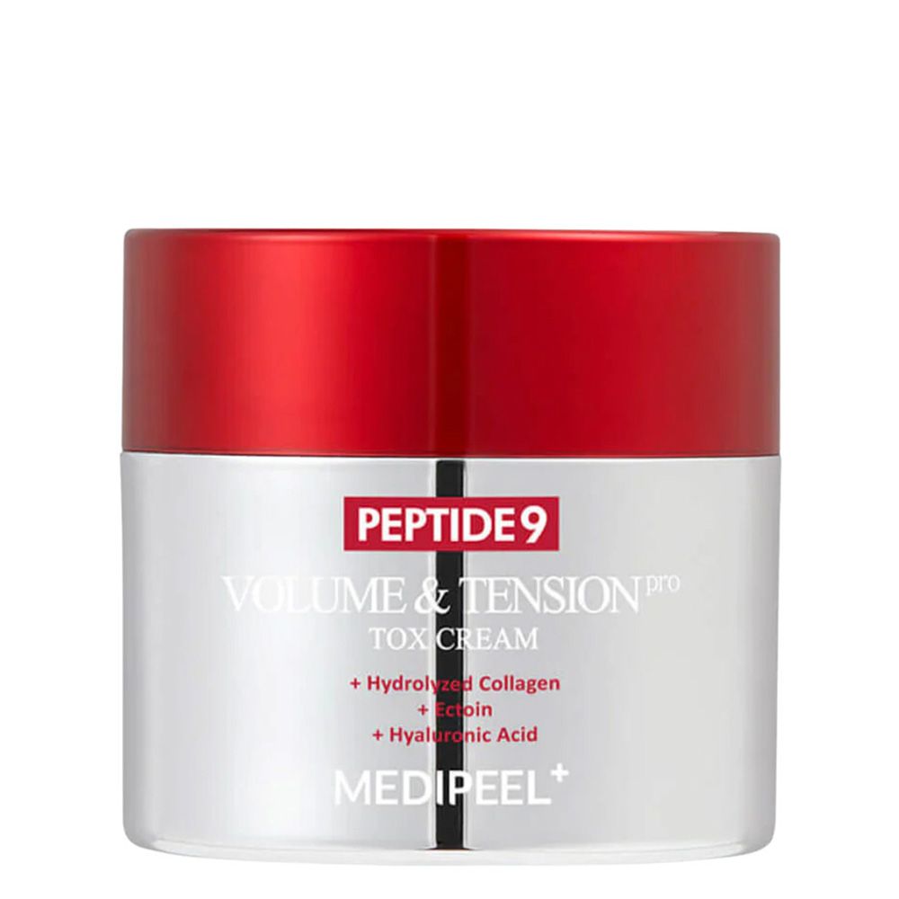 Cremebehälter mit rotem Deckel und silbernem Körper. Beschriftung: PEPTIDE 9 VOLUME & TENSION PRO TOX CREAM.