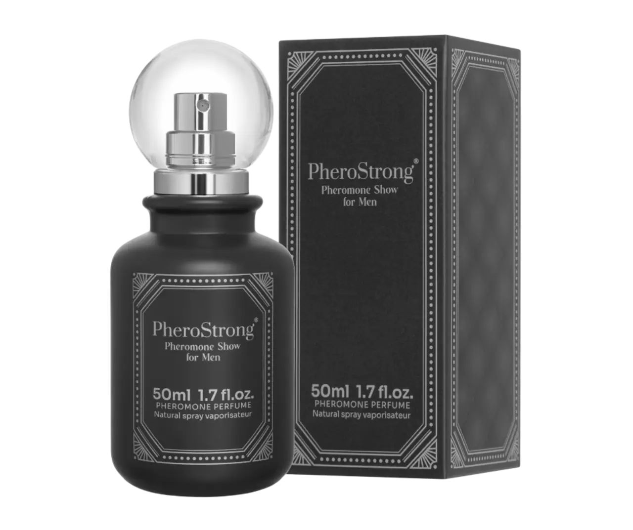 Schwarze Flasche mit Zerstäuber und Kugelverschluss. Daneben eine schwarze Schachtel. Aufschrift: PheroStrong Pheromone Show for Men.