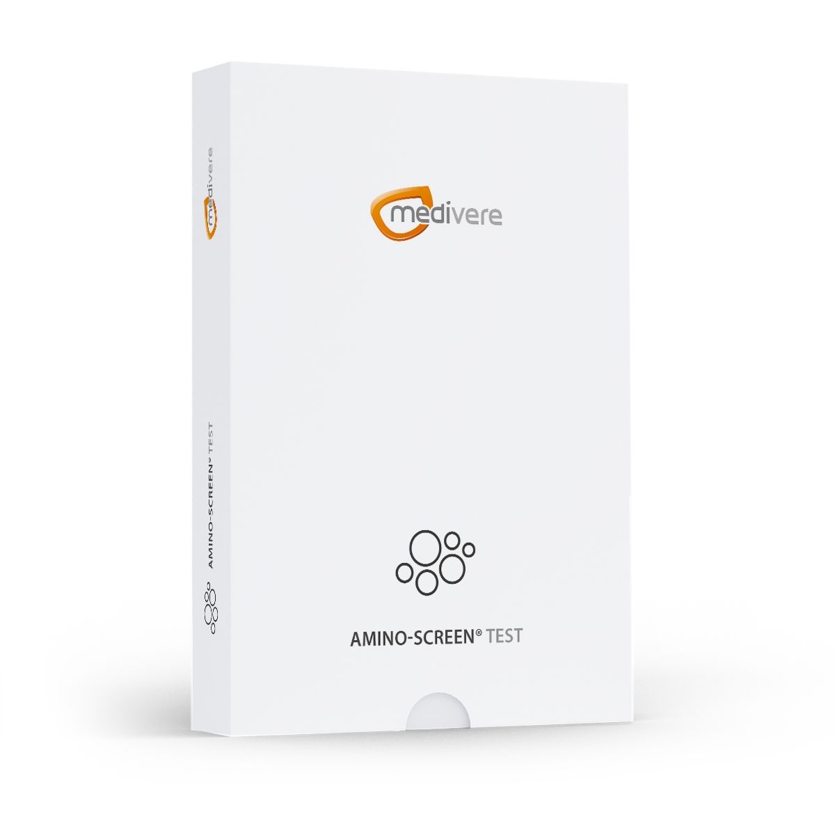 Weiße Verpackung mit Logo und Schriftzug. Aufdruck: Amino-Screen Test. Orangefarbenes Logo von medivere.