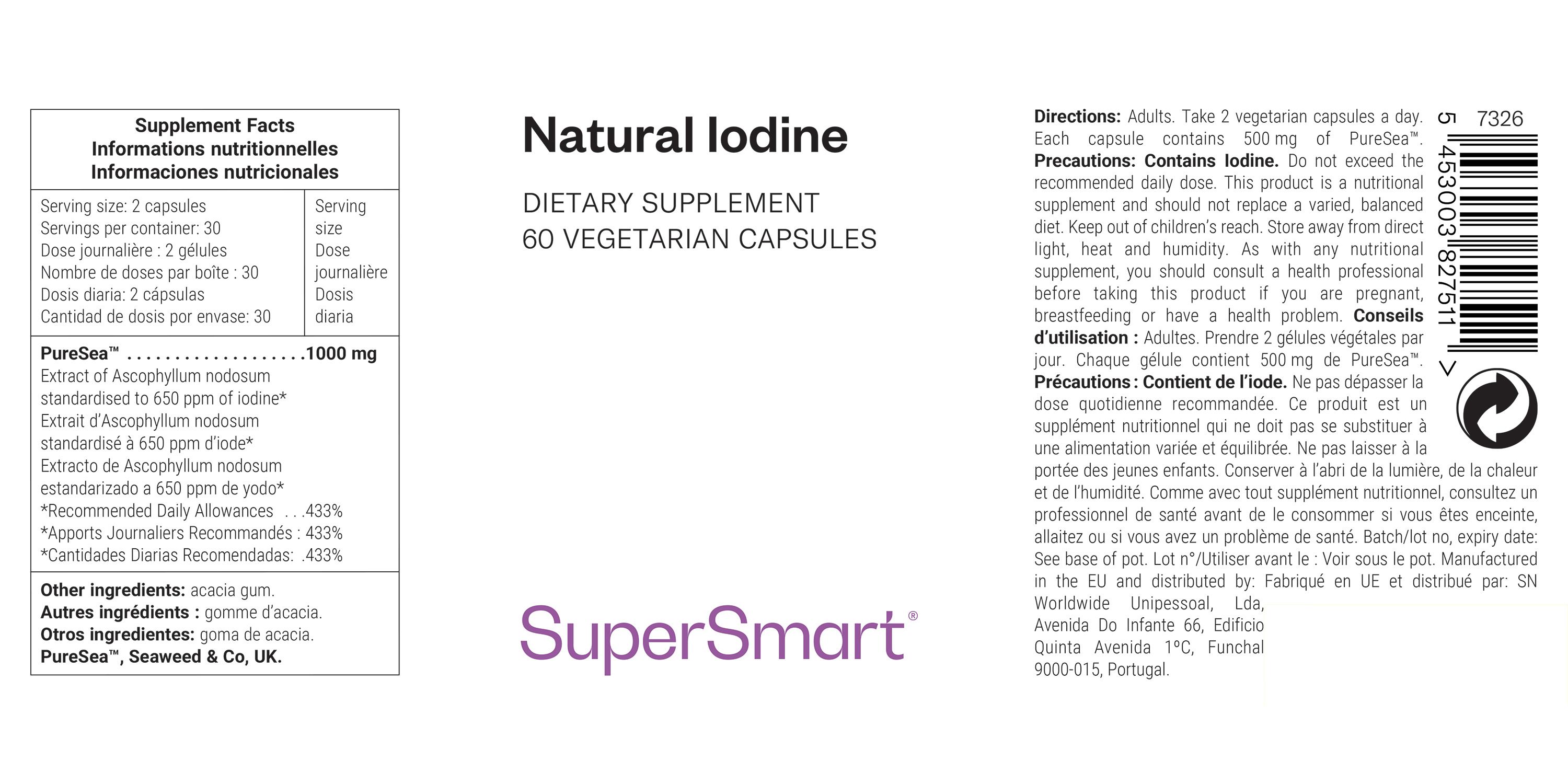 Ergänzungsmittel mit 60 Kapseln. Text: Natural Iodine, SuperSmart. Nährwertangaben und Inhaltsstoffe auf weißem Hintergrund.
