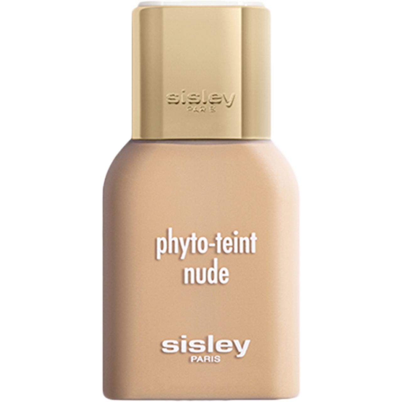 Beige Flasche mit goldfarbenem Deckel. Aufschrift: Sisley Paris, Phyto-Teint Nude.