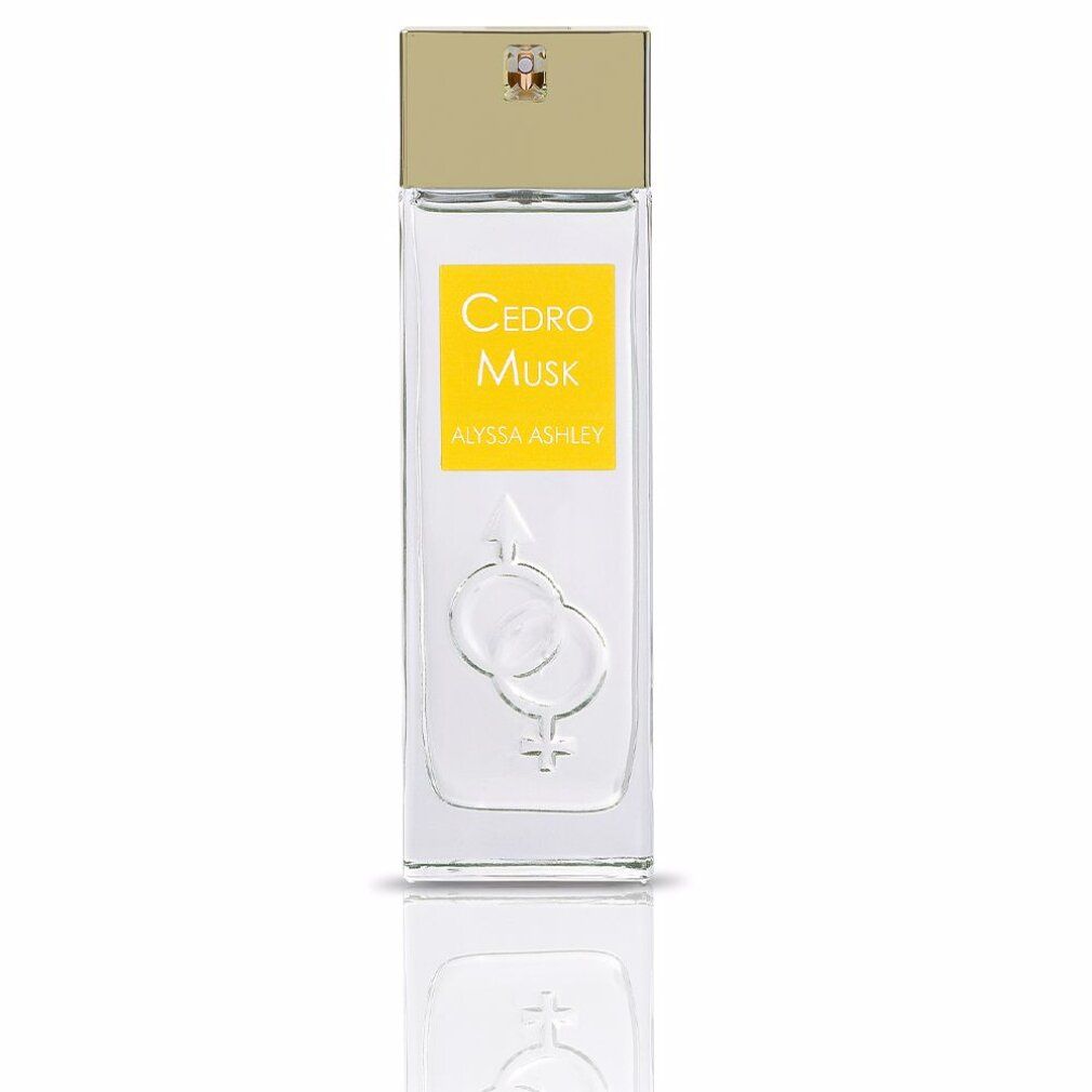 Rechteckiger Flakon mit goldfarbenem Deckel. Auf gelbem Etikett steht "Cedro Musk" und "Alyssa Ashley".