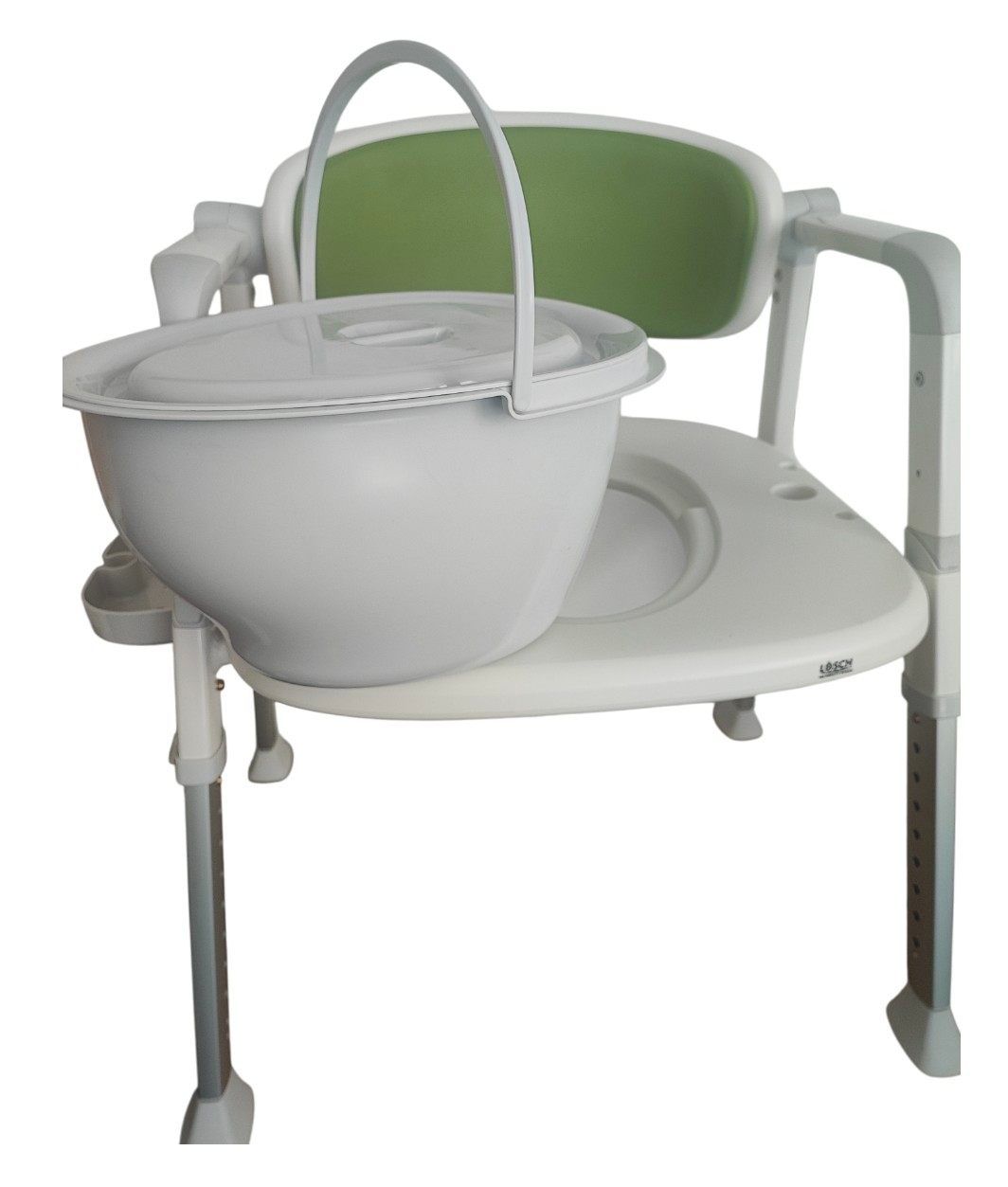 Toilettenstuhl mit Eimer und Deckel. Weißes Gestell. Grün gepolsterte Rückenlehne. Armlehnen.