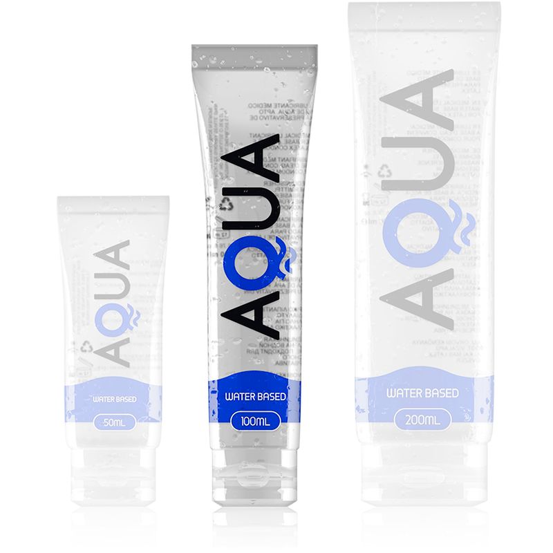 Drei Tuben AQUA. 50ml, 100ml und 200ml. Schriftzug WATER BASED. Transparent.