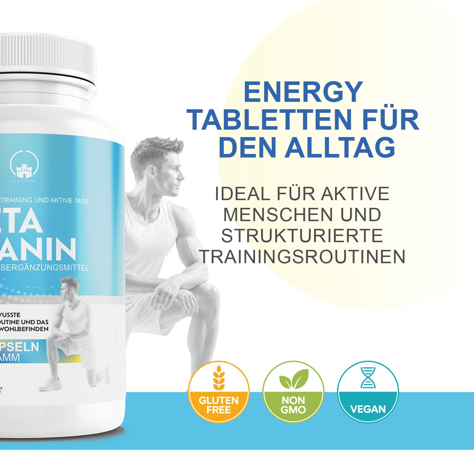 Produktverpackung mit Flasche. Text: Beta Alanin, Nahrungsergänzungsmittel. Ideal für aktive Menschen und strukturierte Trainingsroutinen.