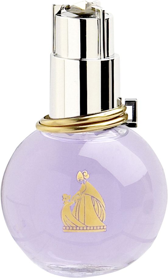 Runder, violetter Flakon mit silbernem Verschluss und goldfarbenem Ring. Goldene Figur auf dem Flakon.