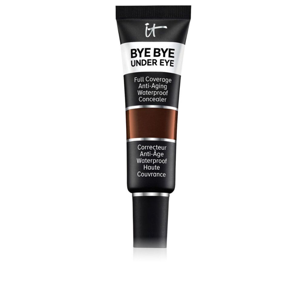 Concealer-Tube mit Aufschrift "IT BYE BYE UNDER EYE". Farbton: Dunkelbraun. Text: Full Coverage, Anti-Aging, Waterproof Concealer.