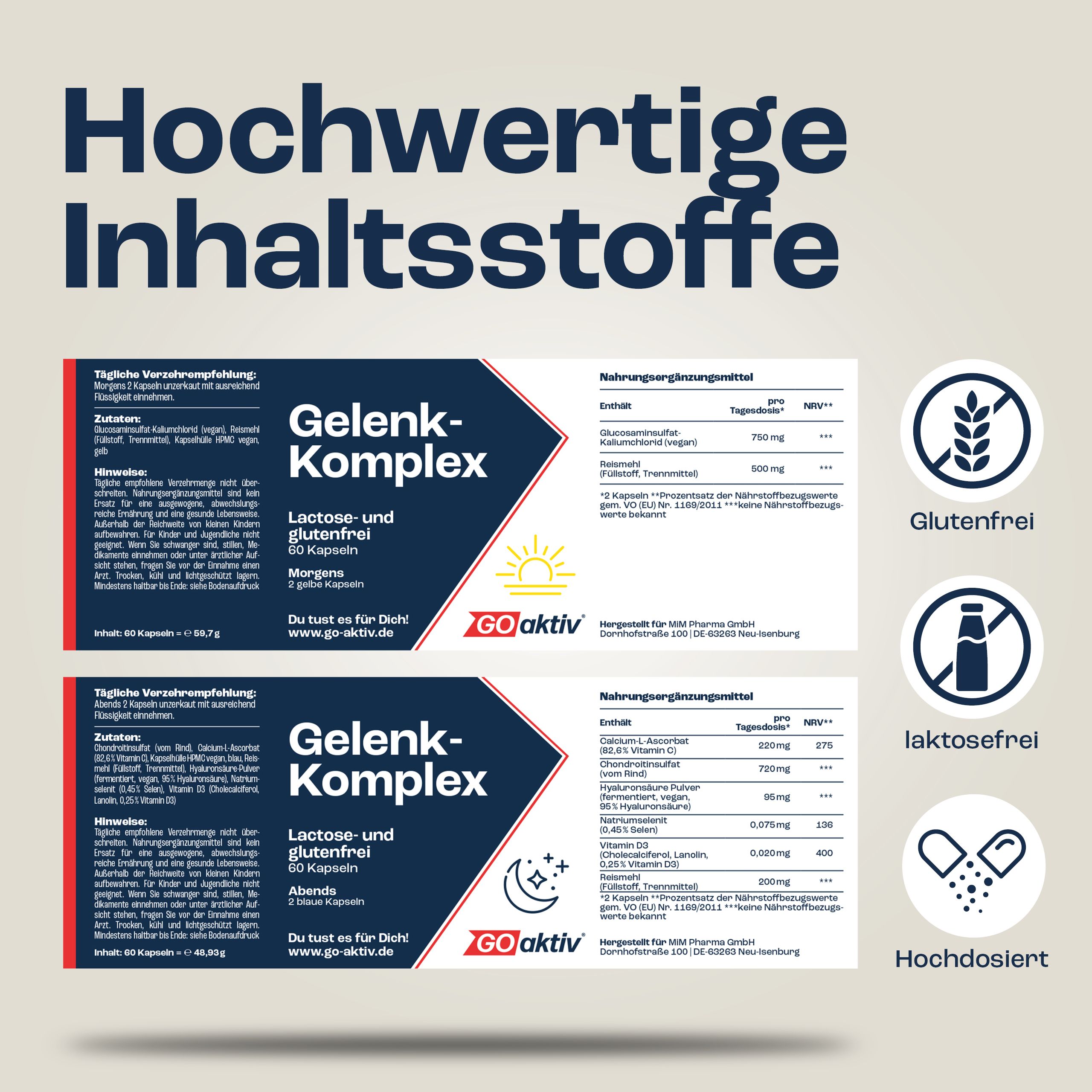 Zwei Packungen GOaktiv® Gelenk-Komplex. Text: Hochwertige Inhaltsstoffe. Glutenfrei, laktosefrei, hochdosiert. Inhaltsstofftabellen.