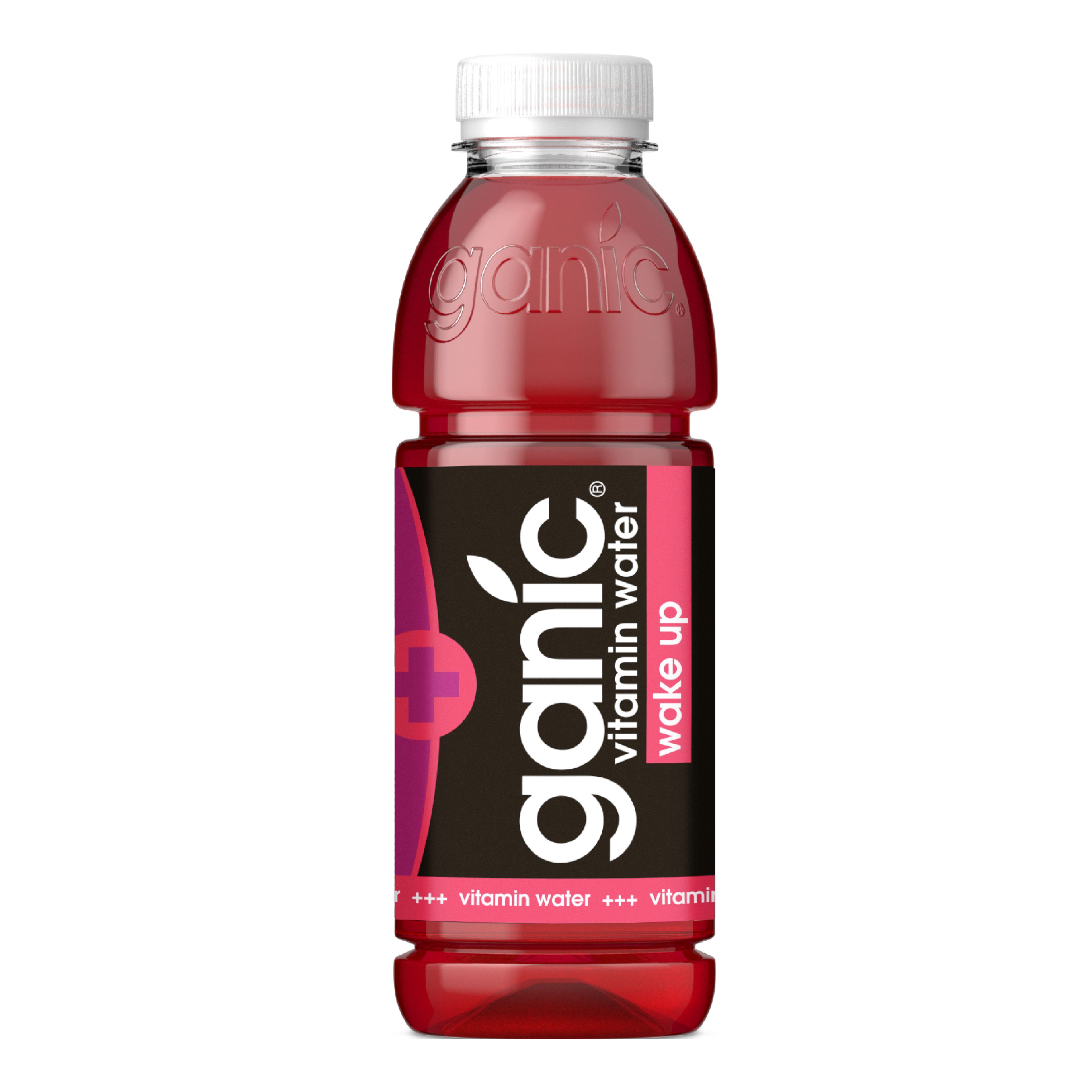 Rote Getränkeflasche mit weißem Deckel. Aufschrift: ganic vitamin water wake up. Plus-Symbol.