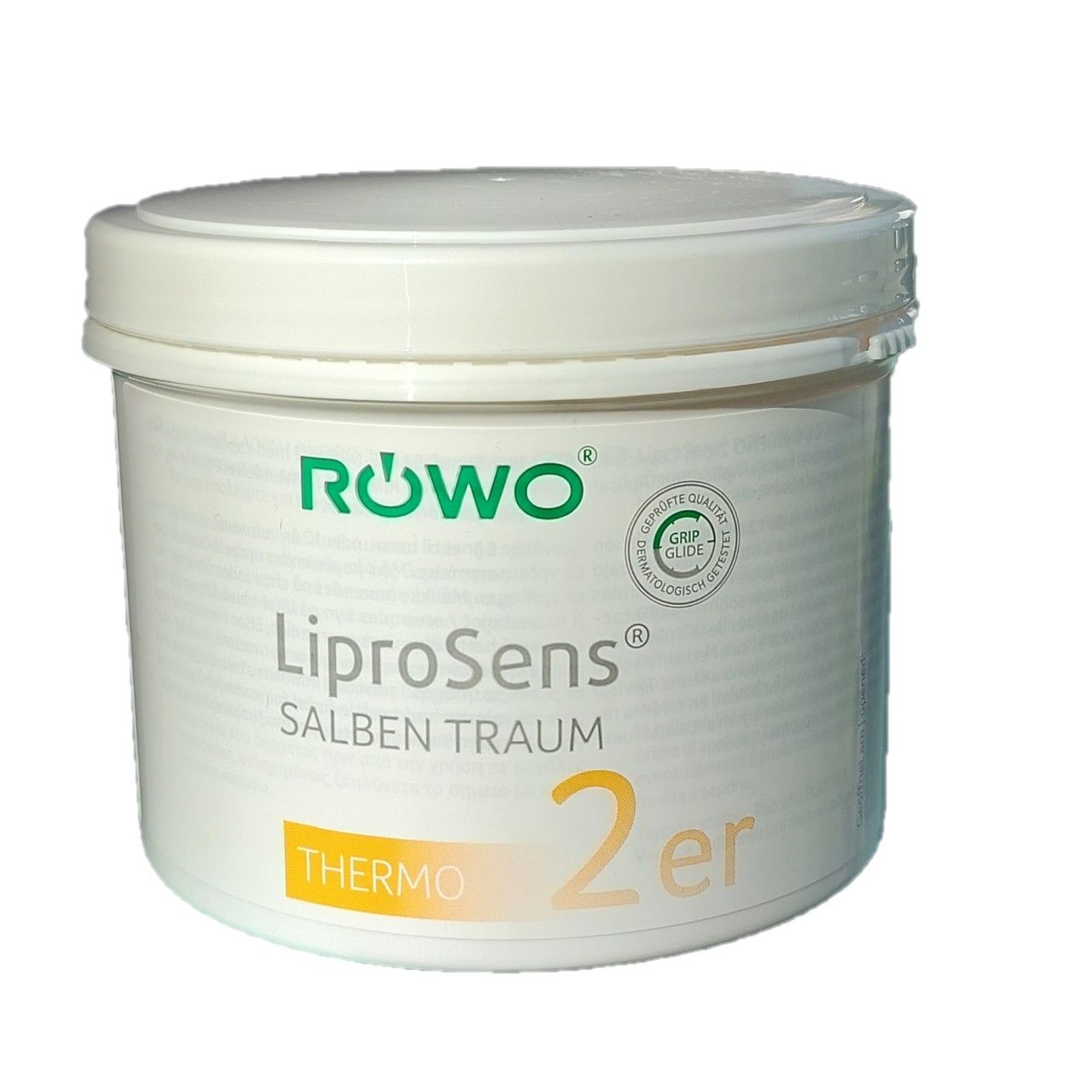 Weißer Tiegel mit grünem Logo und Schriftzug. Aufschrift: Röwo, LiproSens Salben Traum Thermo 2er. Mit Deckel.