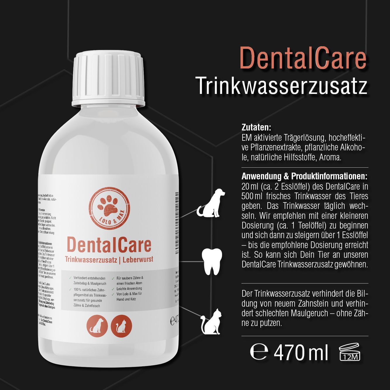 Flasche mit weißem Deckel und Etikett. Text: DentalCare Trinkwasserzusatz. Inhaltsstoffe und Anwendungshinweise.
