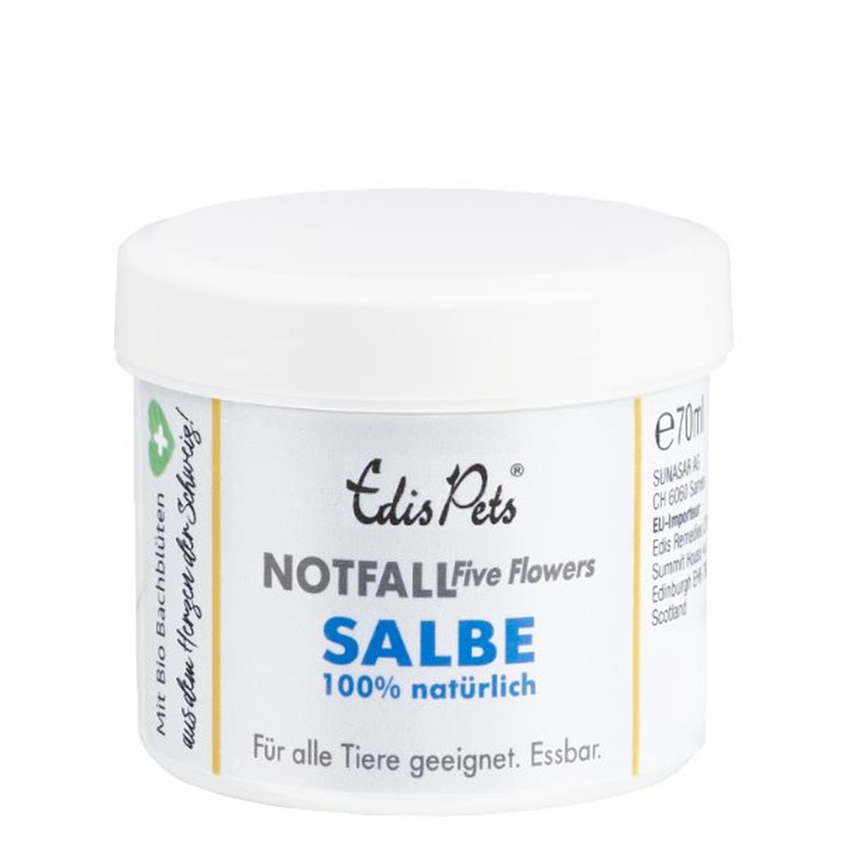 Witte pot met deksel. Opschrift: Edis Pets NOTFALL Five Flowers SALBE 100% natuurlijk. Geschikt voor alle dieren. Eetbaar.