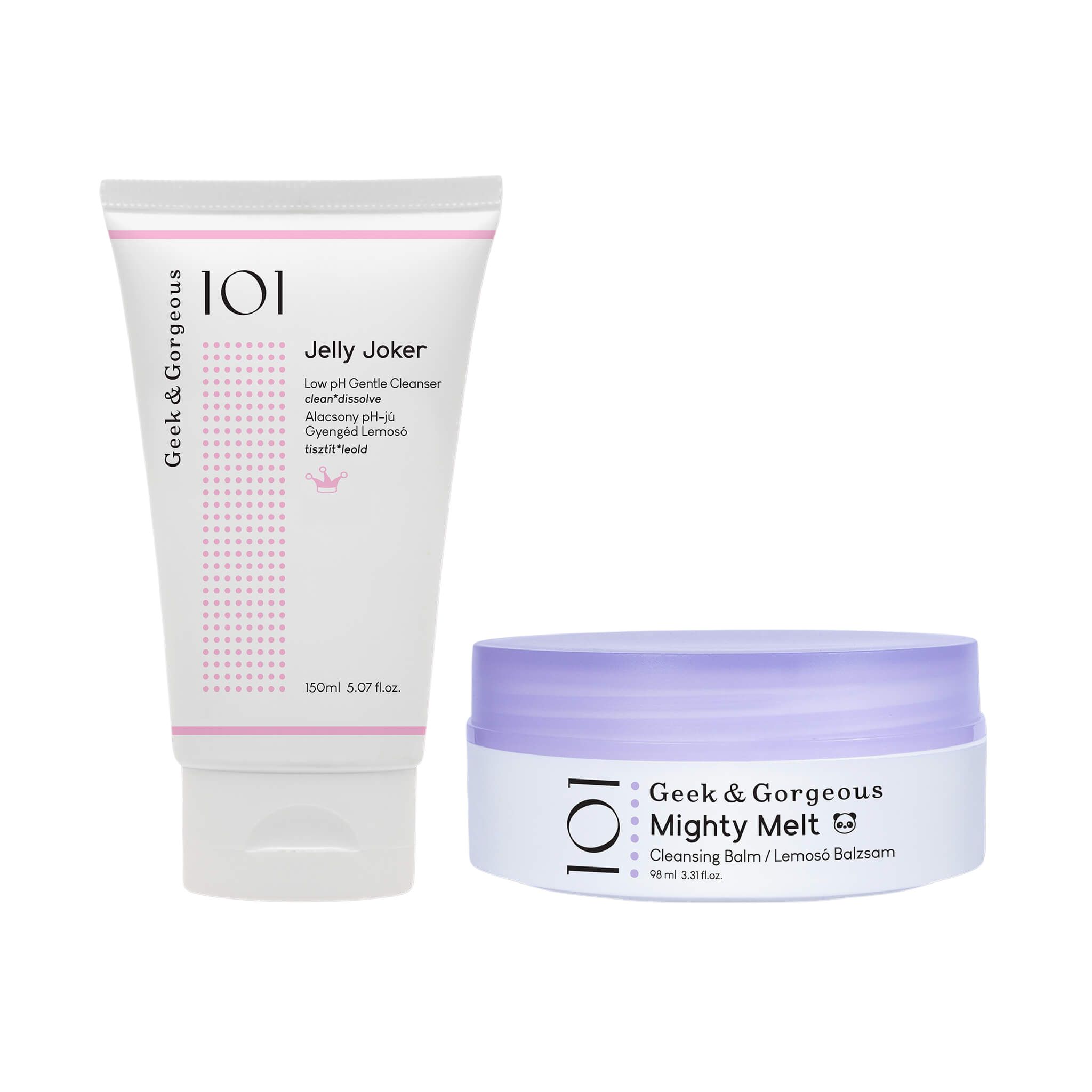 Due prodotti: tubo "Jelly Joker" e vasetto "Mighty Melt". Etichette bianche, dettagli viola. Marchio: Geek & Gorgeous.