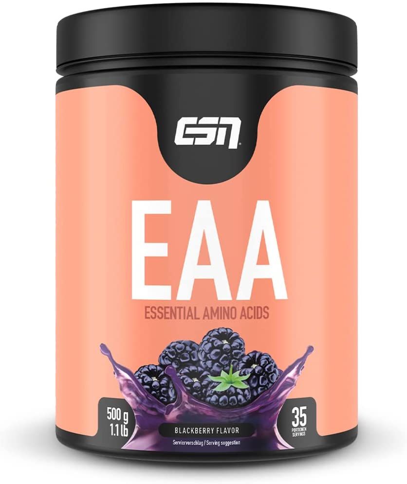 ESN EAA-Behälter. Schwarzer Deckel, rosa Etikett mit EAA-Schriftzug, Brombeeren-Illustration. 500g, 35 Portionen. Blackberry Flavor.