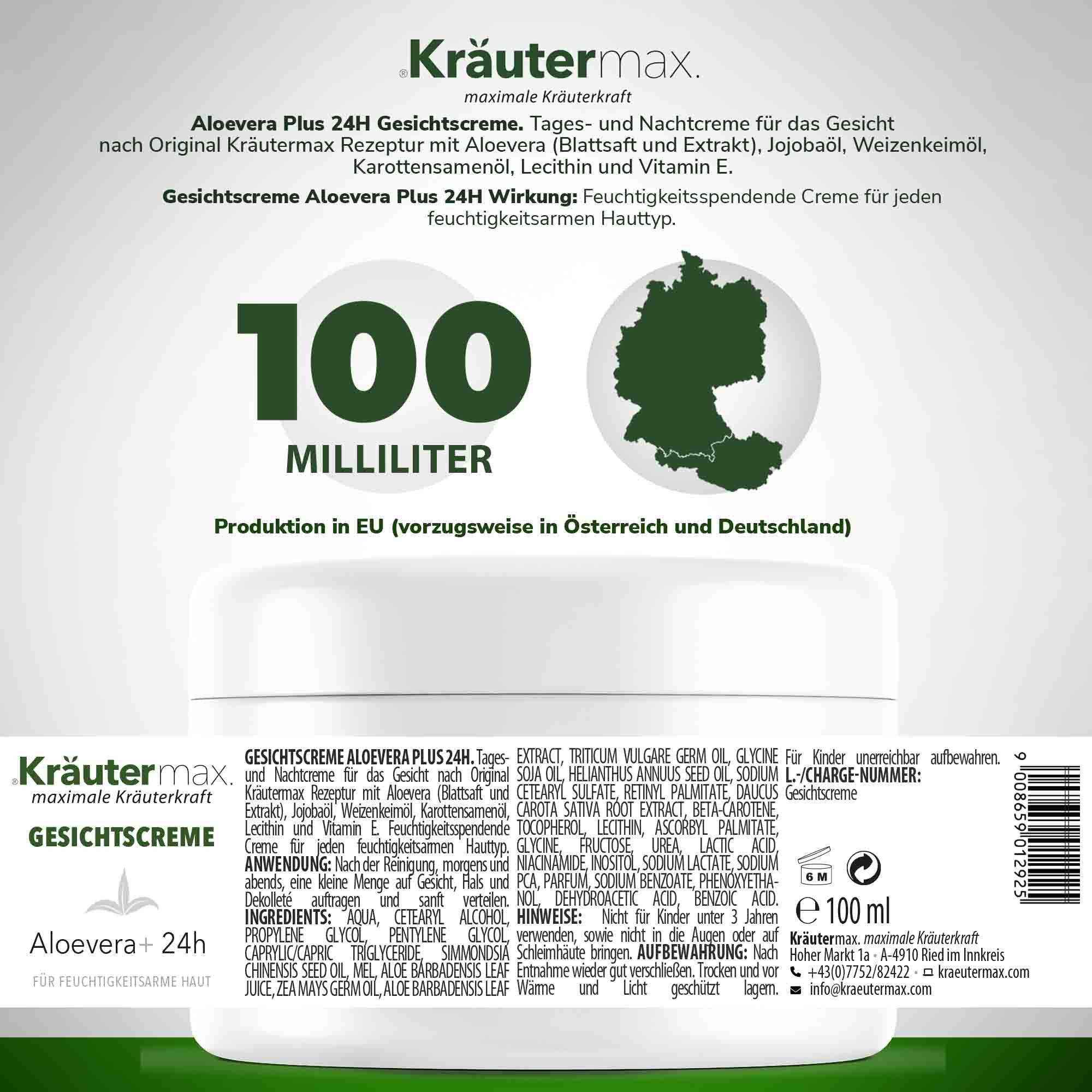Creme-Dose mit Text. Kräutermax Gesichtscreme, 100 ml. Text: Aloe vera, 24h. Inhaltsstoffe, Anwendung, Warnhinweise.