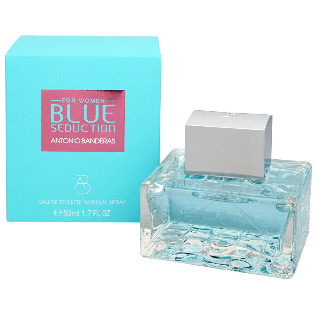 Quadratische Glasflasche mit hellblauem Parfüm und silbernem Deckel. Hellblaue Schachtel mit rosa Etikett.