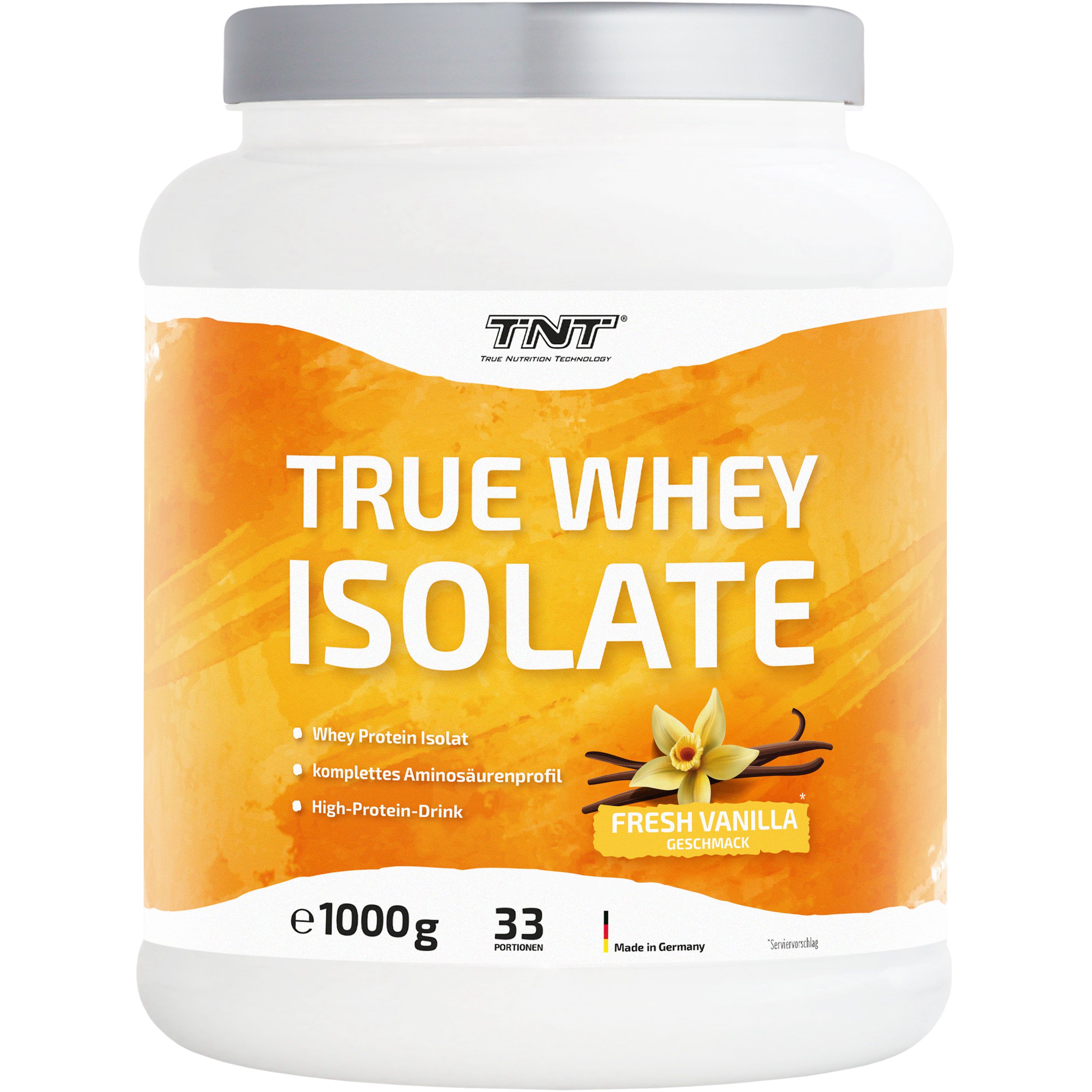 Weißer Proteinpulver-Behälter mit gelbem Etikett. Text: True Whey Isolate, 1000g, 33 Portionen, Fresh Vanilla. TNT Logo.