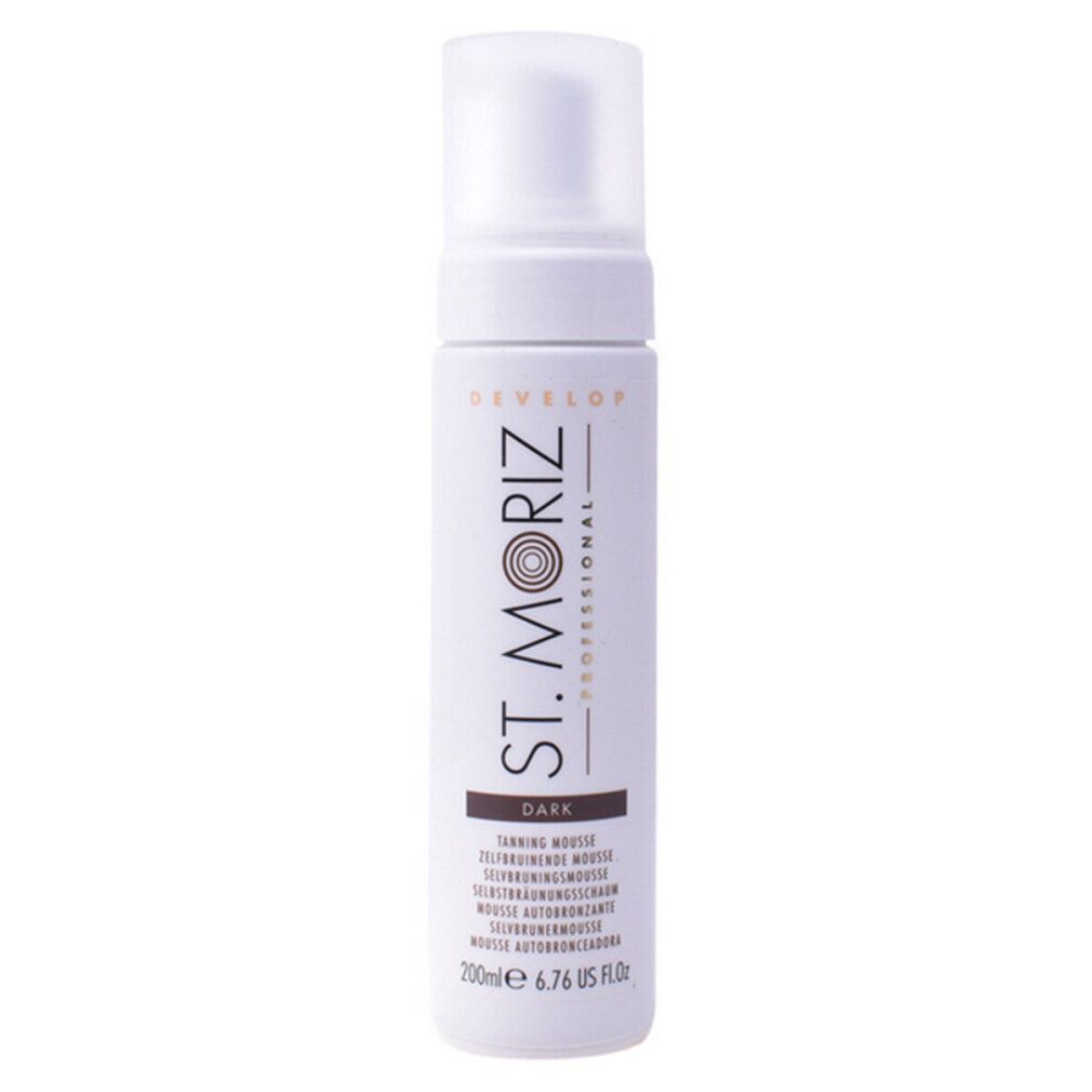 Weiße Flasche mit Sprühkopf. Aufschrift: St. Moriz Professional, Dark Tanning Mousse. Volumen: 200ml.