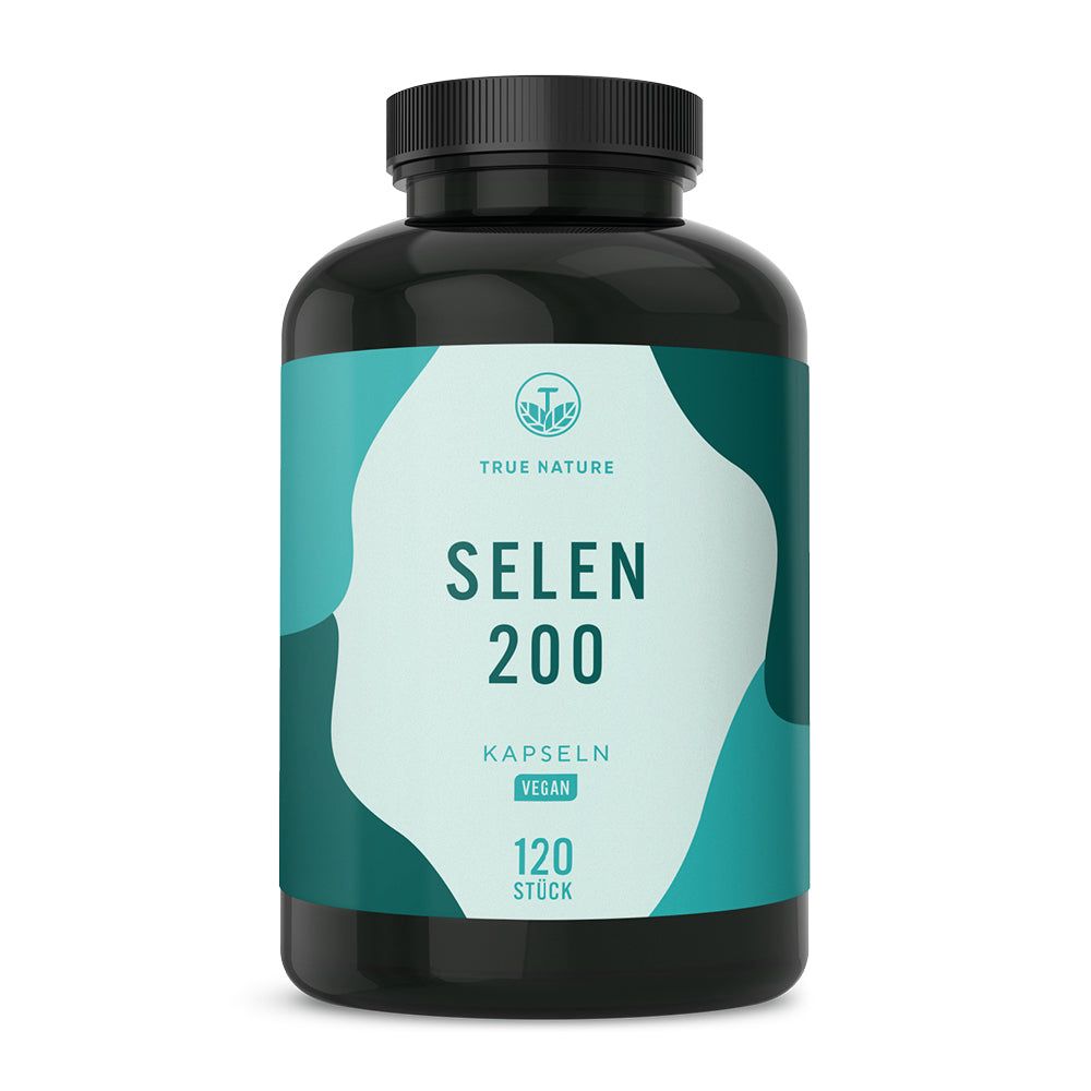 TRUE NATURE Selen 200 Kapseln: Schwarze Dose mit Etikett, zeigt 120 vegane Kapseln. Marke und Produktname sind deutlich sichtbar.