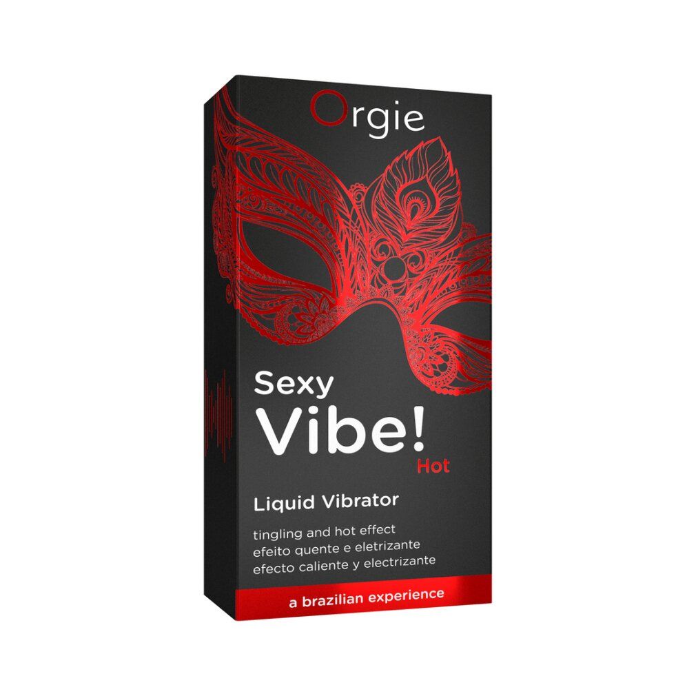 Orgie Sexy Vibe Hot Liquid Vibrator Verpackung mit Maskenmotiv.